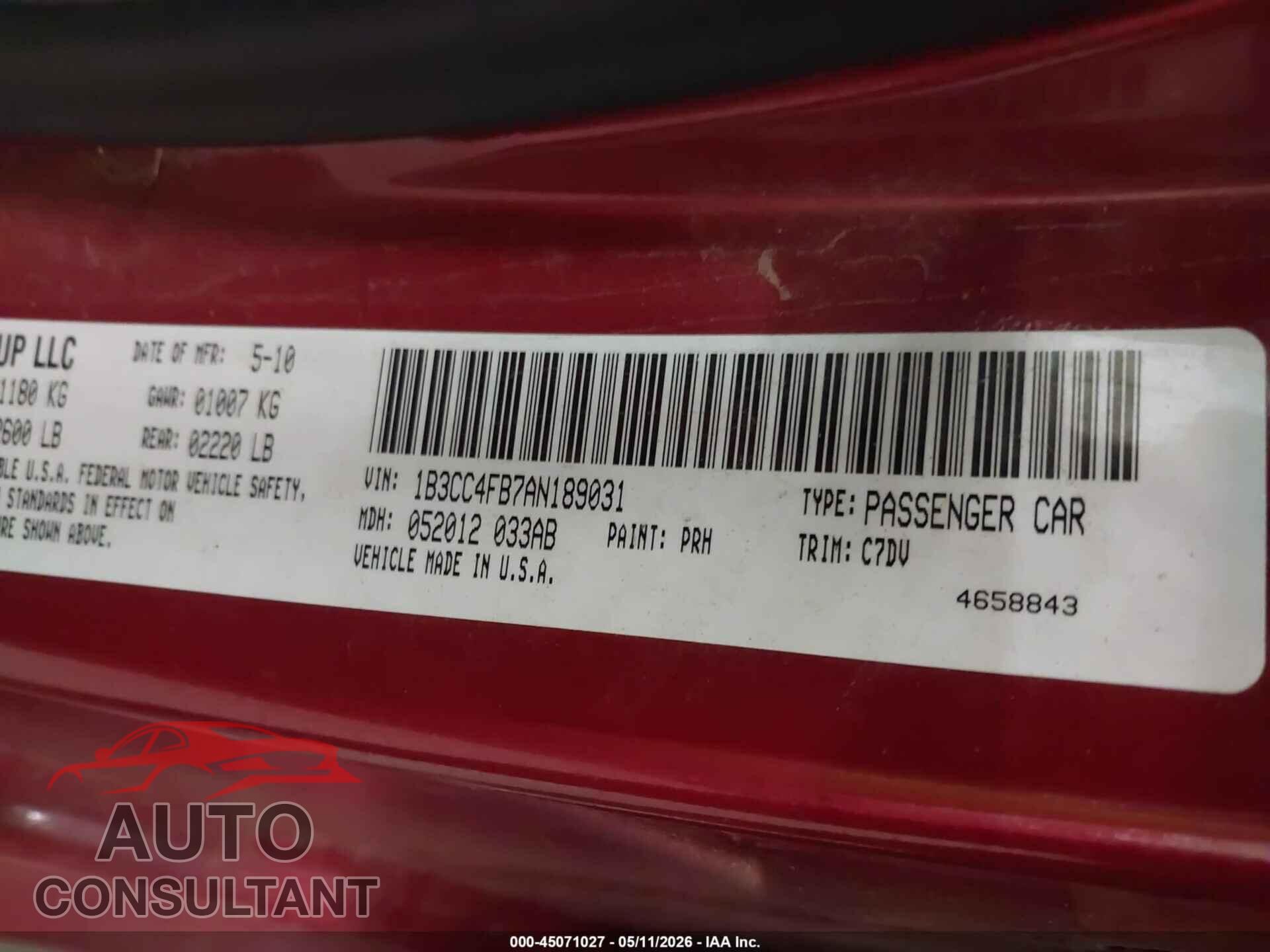 DODGE AVENGER 2010 - 1B3CC4FB7AN189031