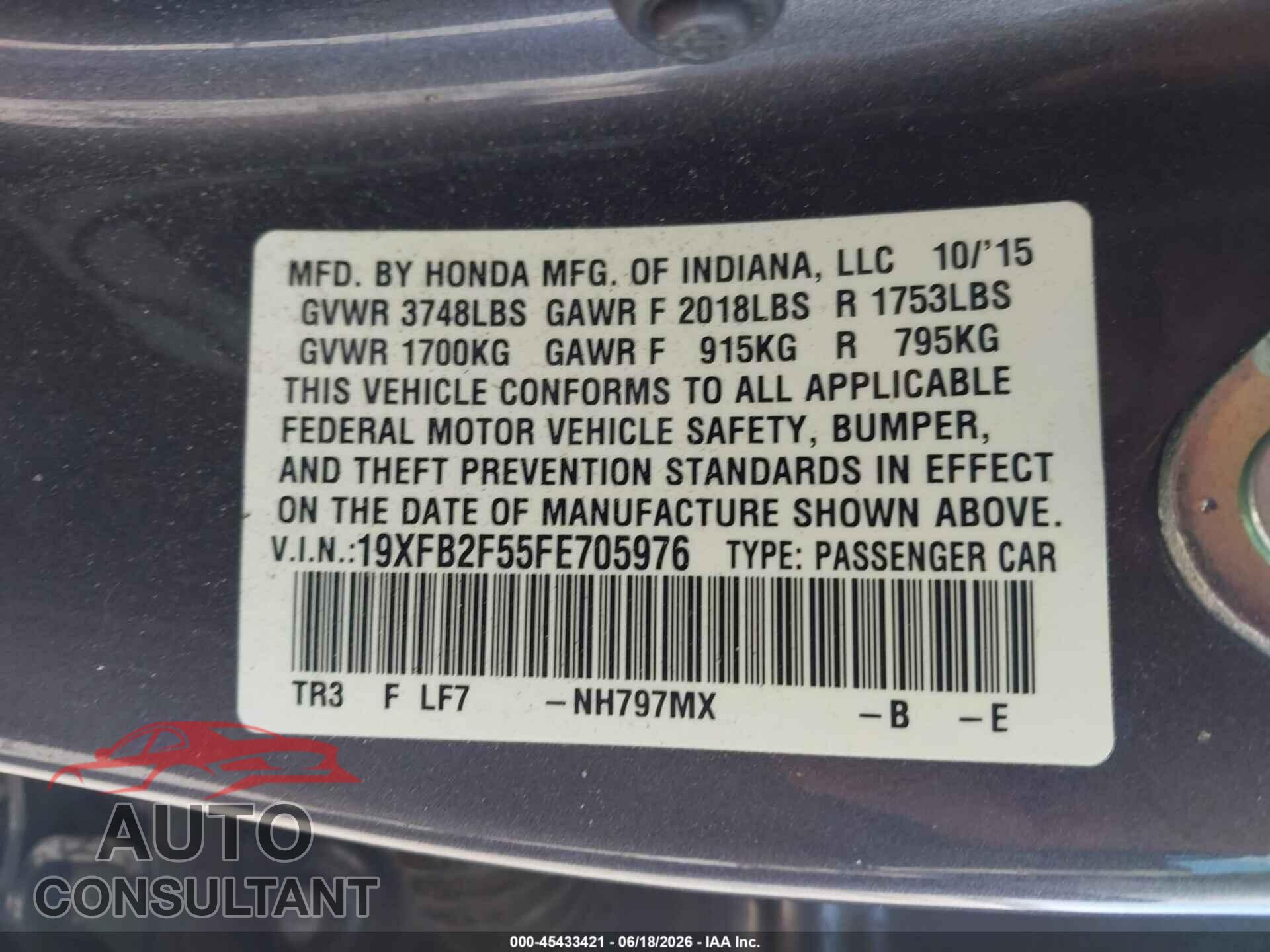 HONDA CIVIC 2015 - 19XFB2F55FE705976
