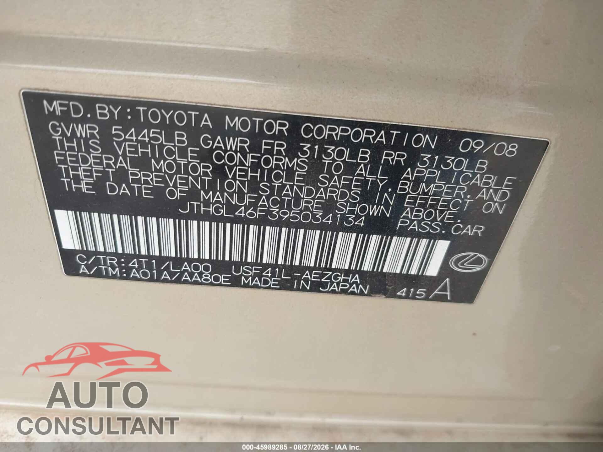 LEXUS LS 2009 - JTHGL46F395034134