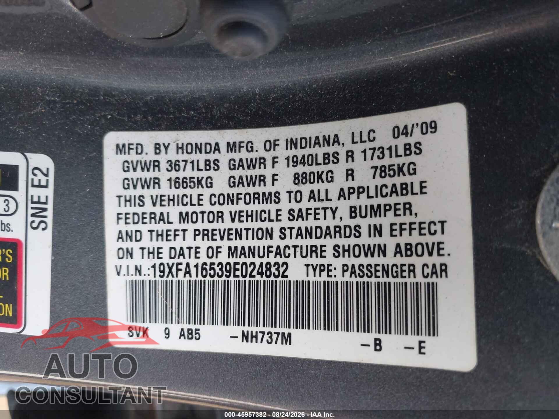 HONDA CIVIC 2009 - 19XFA16539E024832