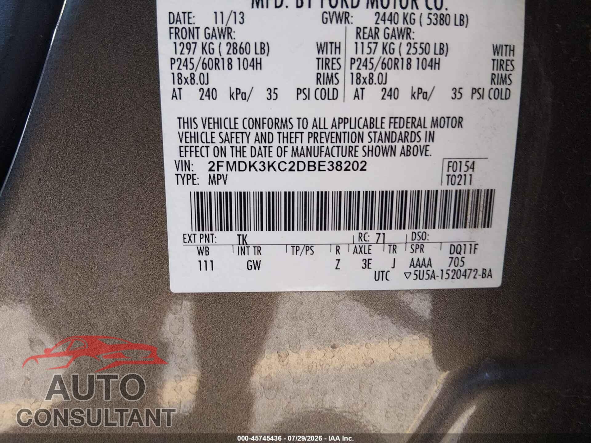 FORD EDGE 2013 - 2FMDK3KC2DBE38202