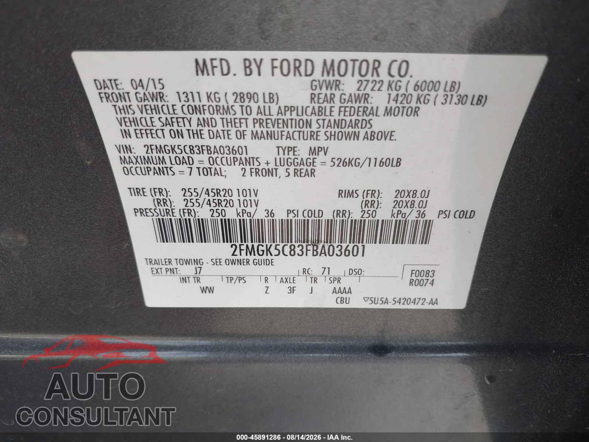 FORD FLEX 2015 - 2FMGK5C83FBA03601