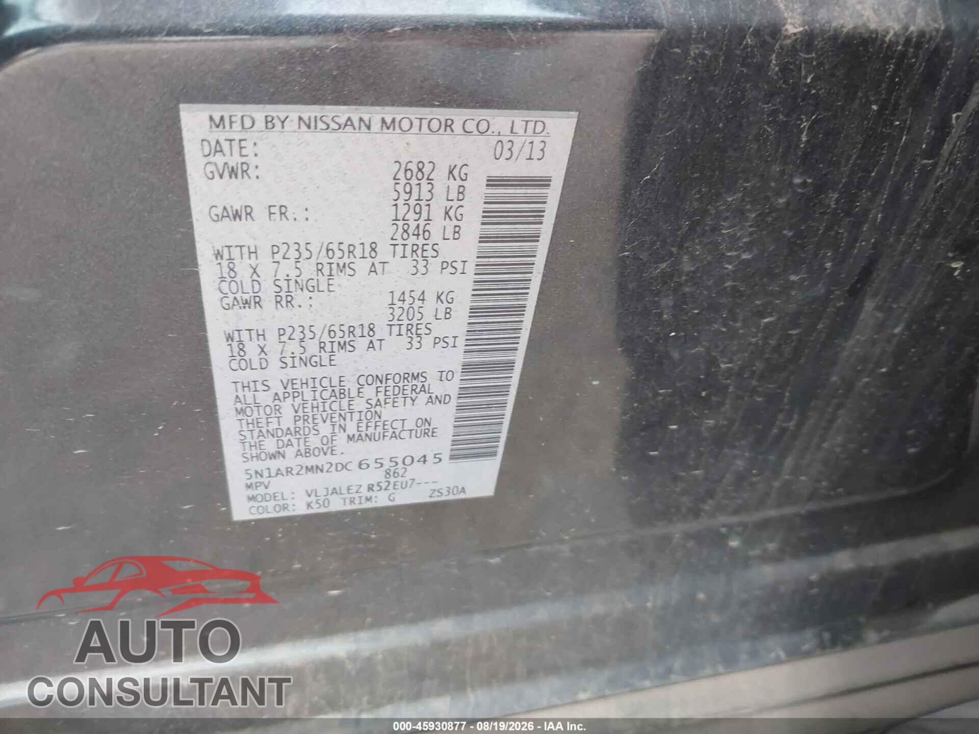 NISSAN PATHFINDER 2013 - 5N1AR2MN2DC655045
