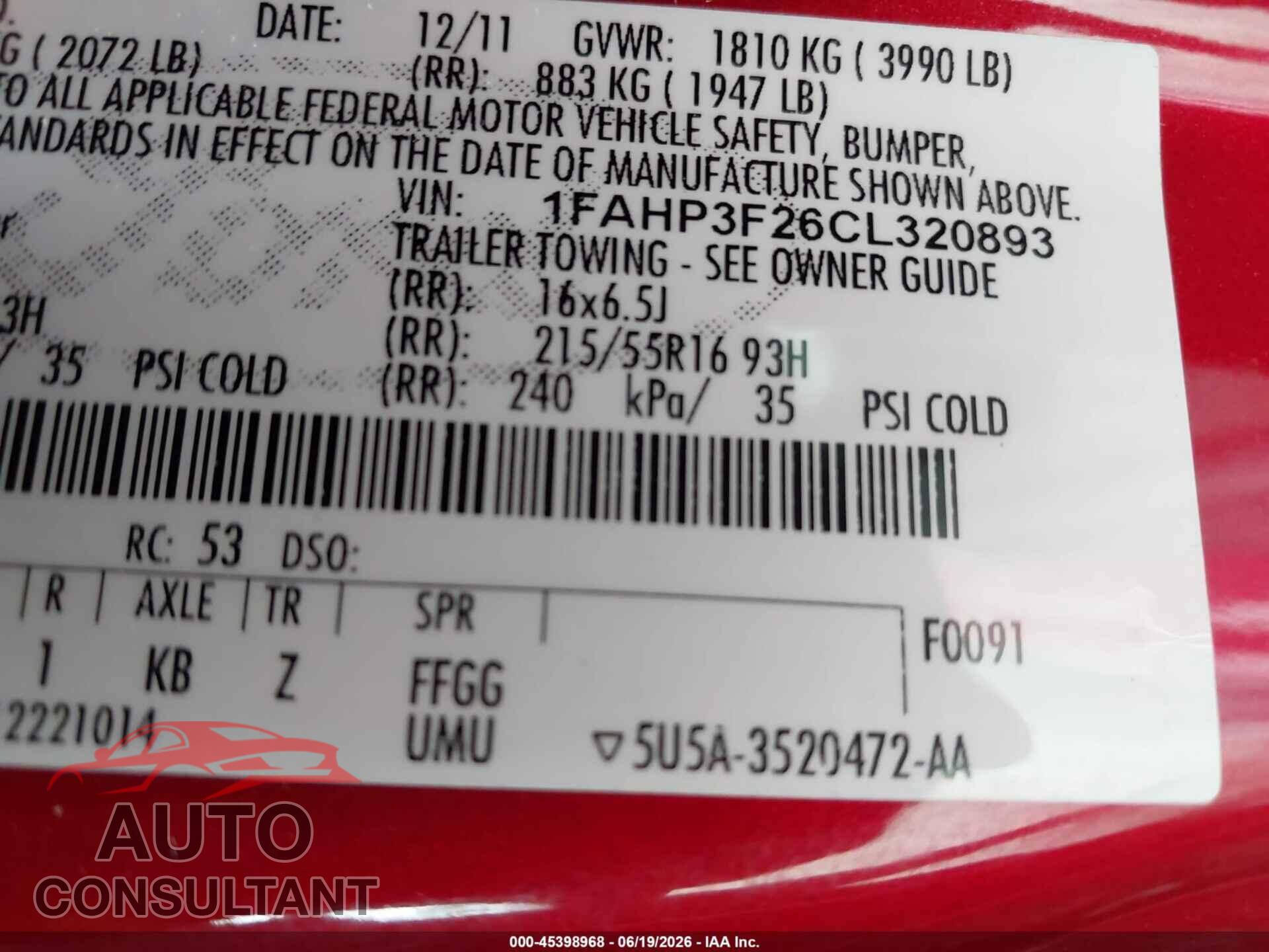 FORD FOCUS 2012 - 1FAHP3F26CL320893
