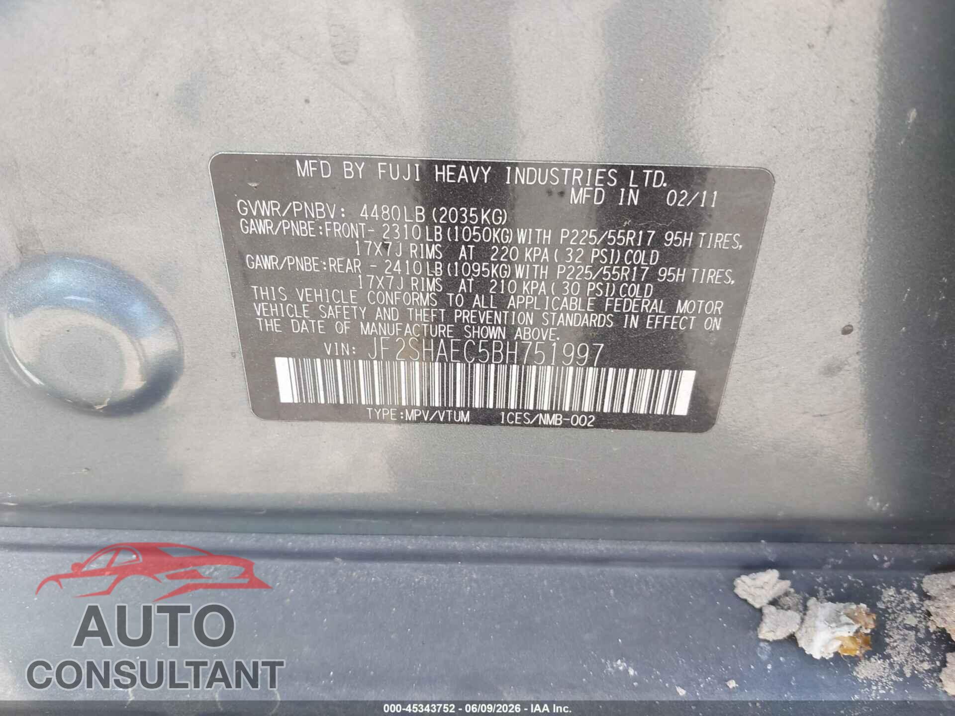 SUBARU FORESTER 2011 - JF2SHAEC5BH751997
