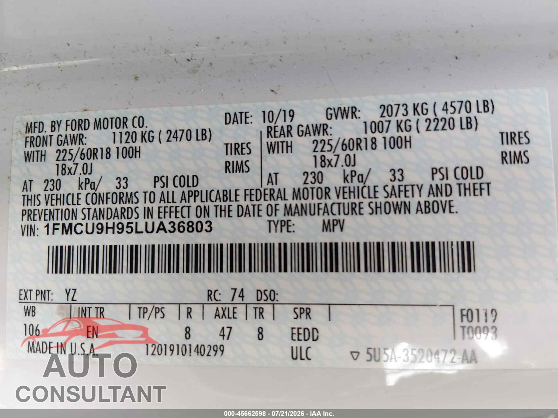 FORD ESCAPE 2020 - 1FMCU9H95LUA36803