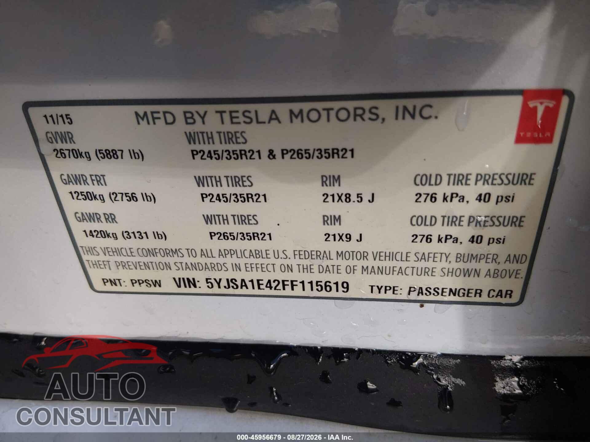 TESLA MODEL S 2015 - 5YJSA1E42FF115619