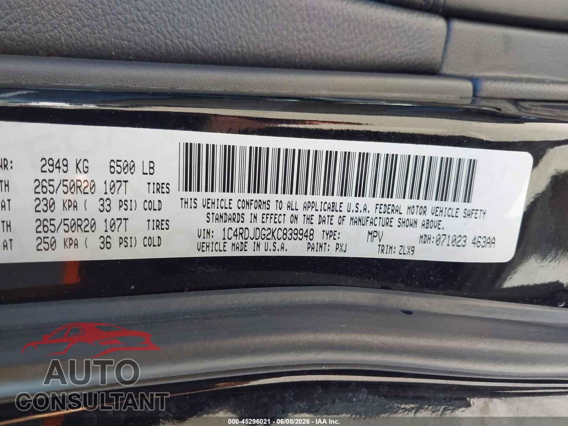 DODGE DURANGO 2019 - 1C4RDJDG2KC839948