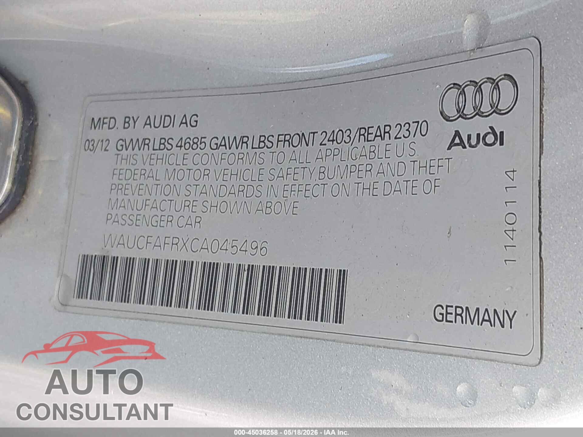 AUDI A5 2012 - WAUCFAFRXCA045496