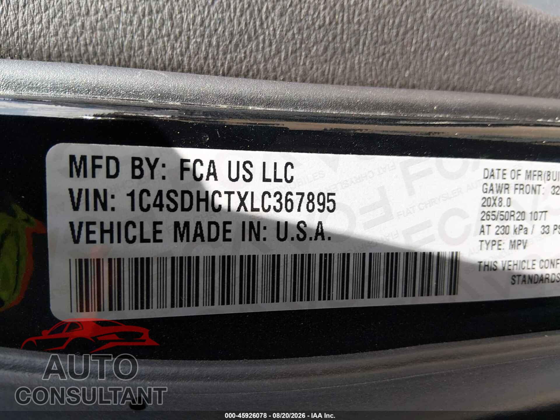 DODGE DURANGO 2020 - 1C4SDHCTXLC367895