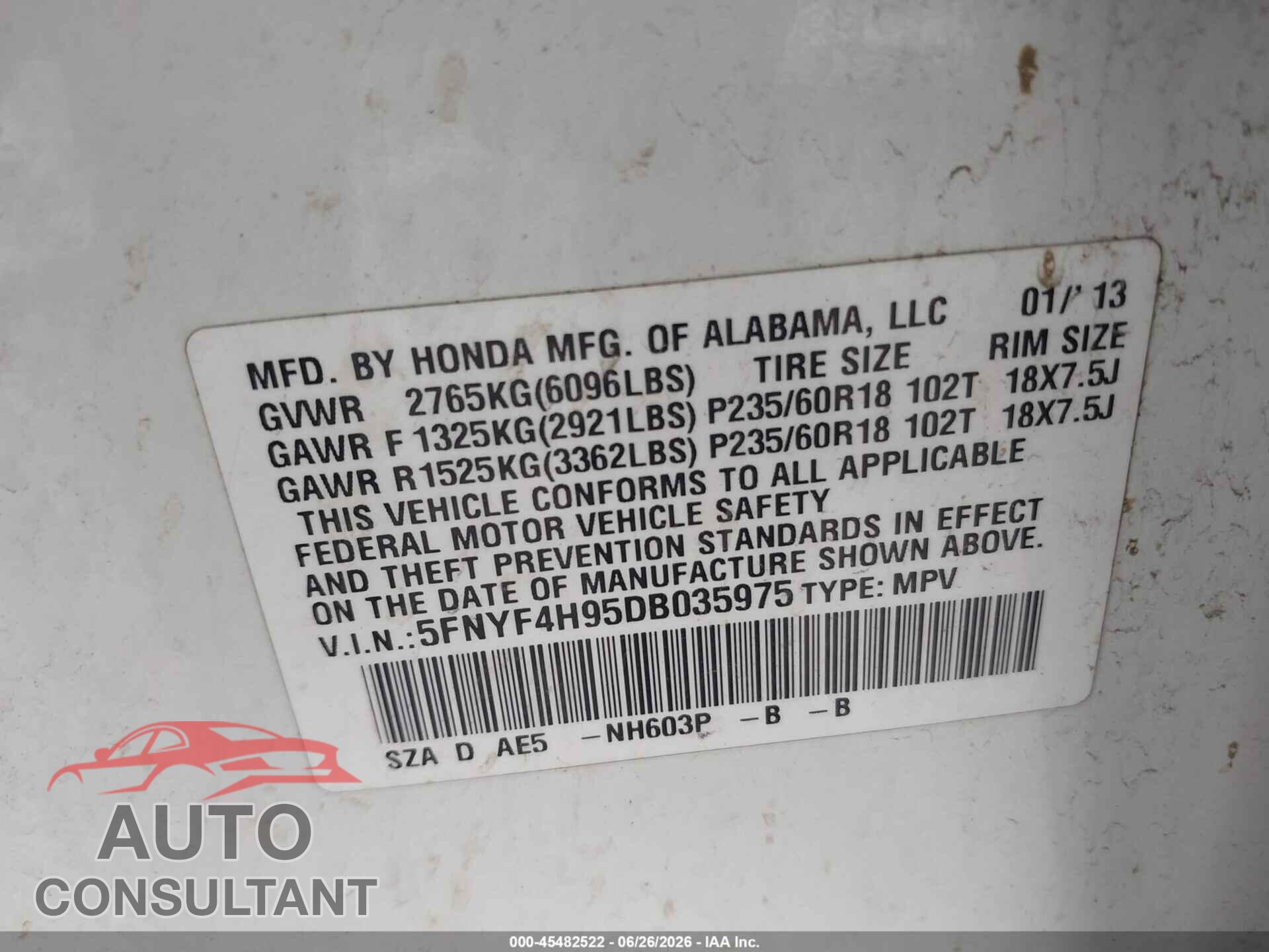 HONDA PILOT 2013 - 5FNYF4H95DB035975