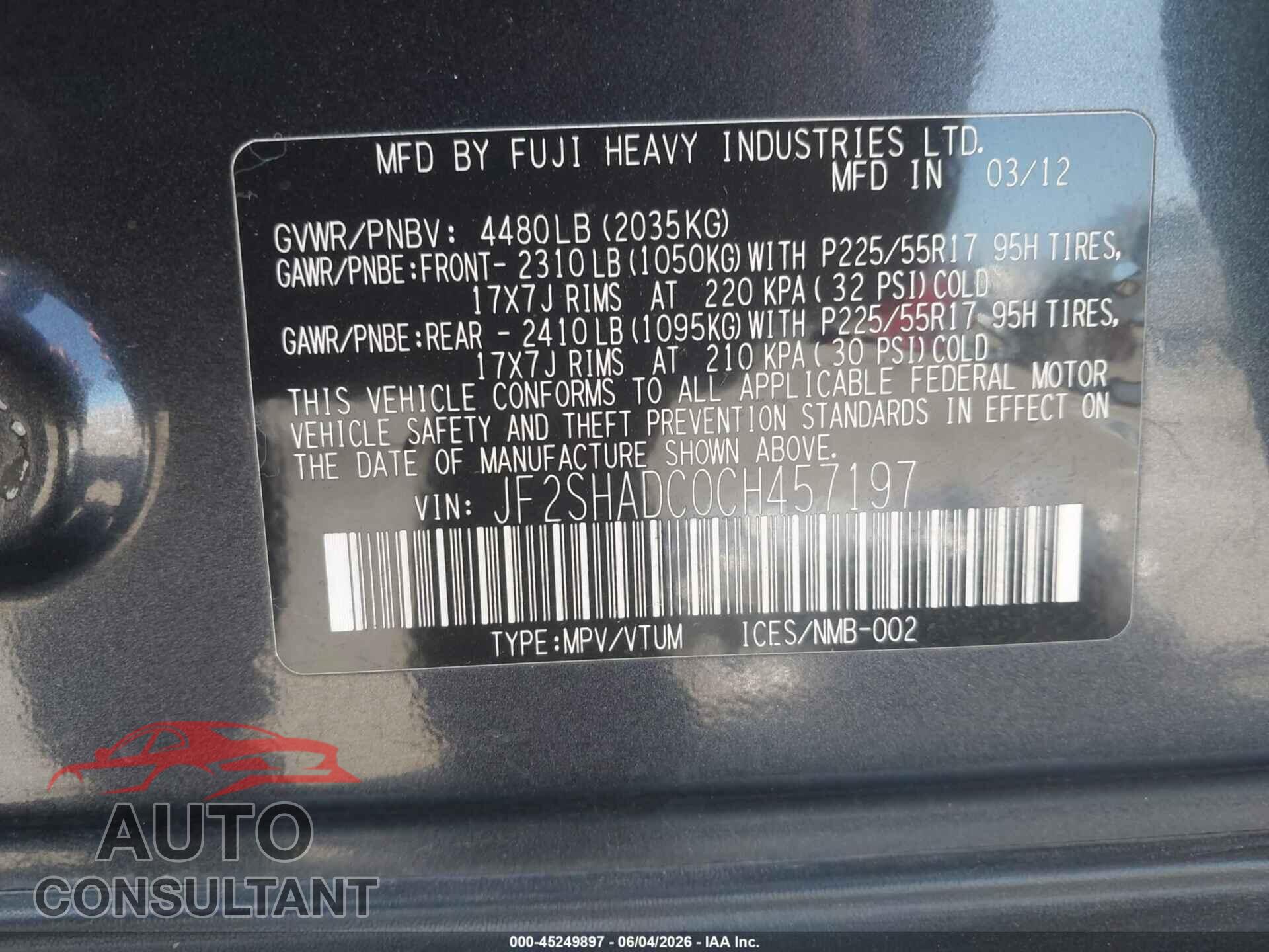 SUBARU FORESTER 2012 - JF2SHADC0CH457197