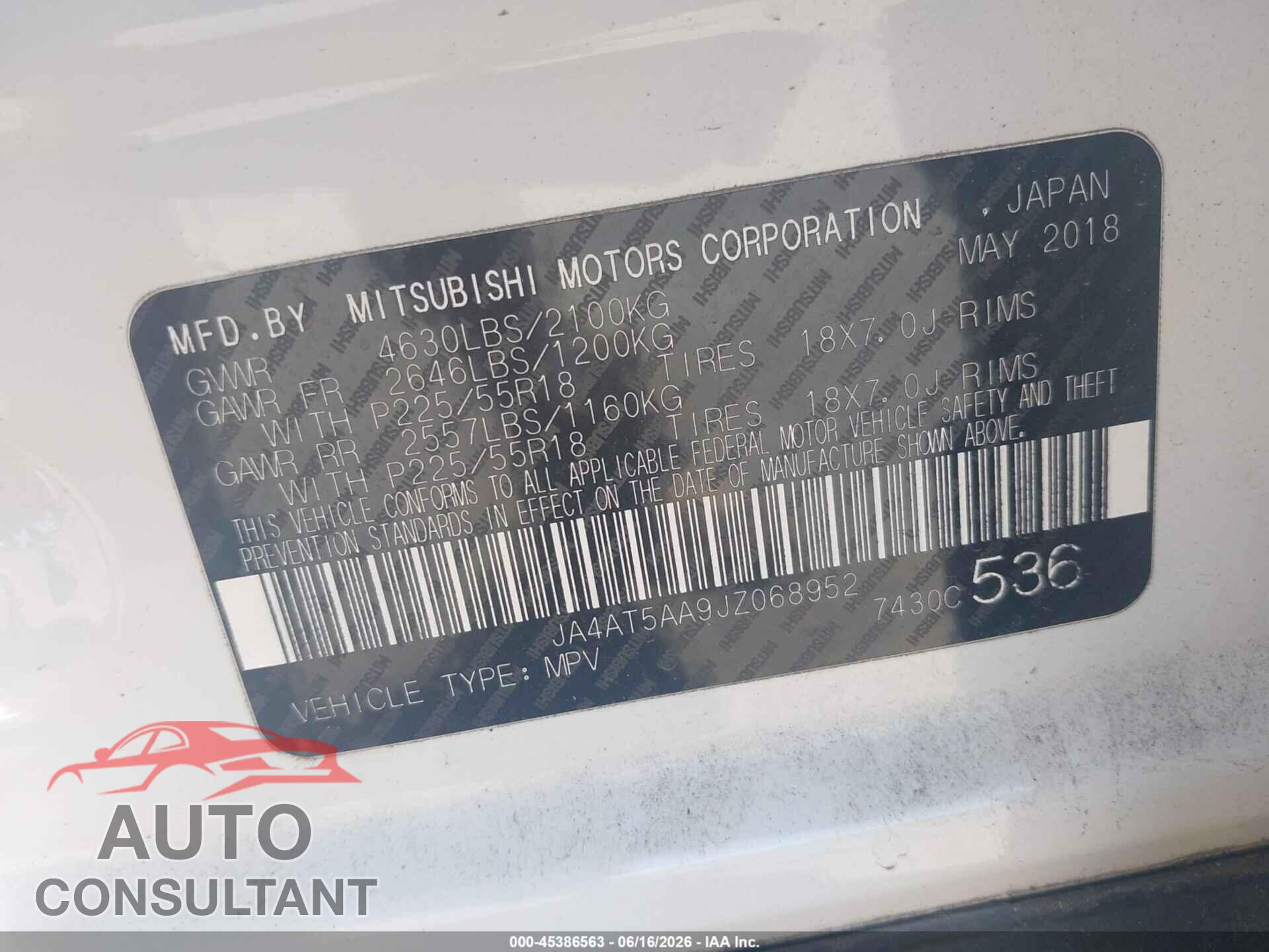 MITSUBISHI ECLIPSE CROSS 2018 - JA4AT5AA9JZ068952