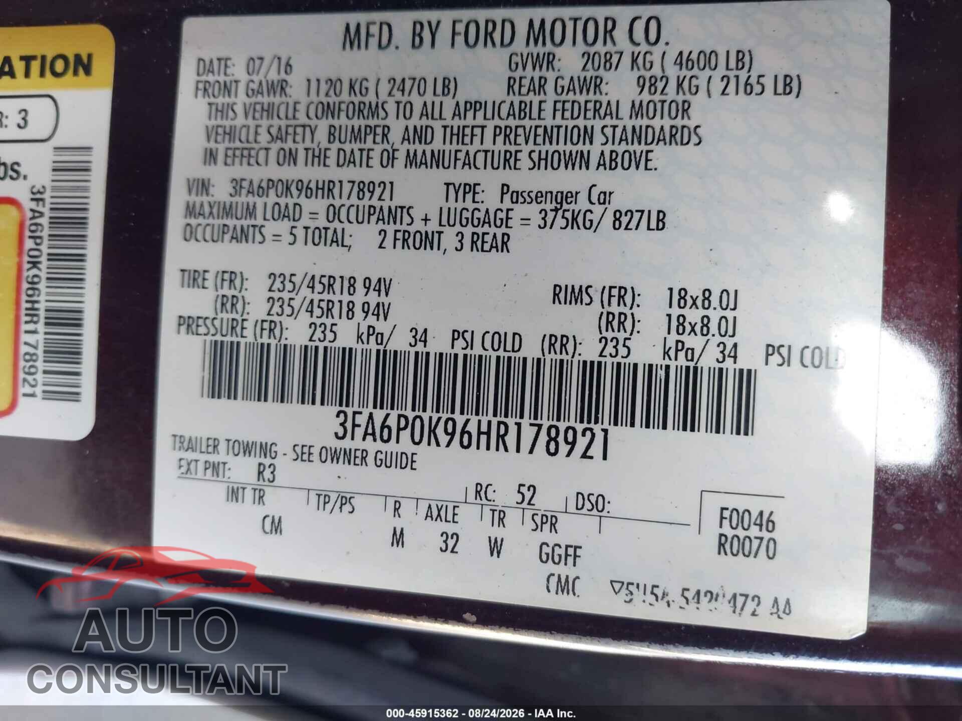 FORD FUSION 2017 - 3FA6P0K96HR178921