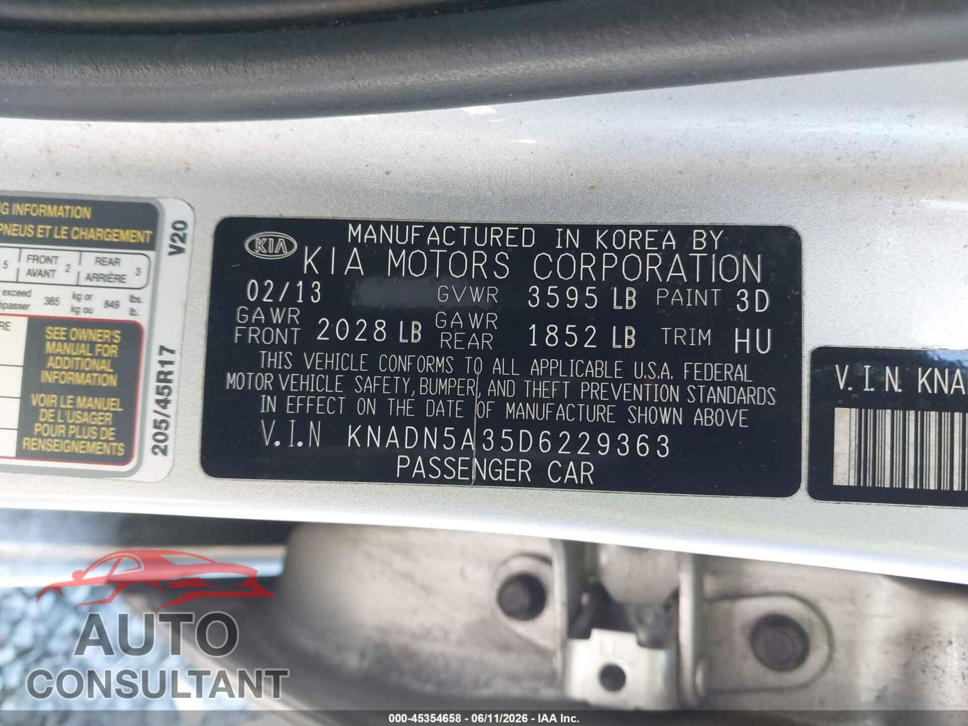 KIA RIO 2013 - KNADN5A35D6229363