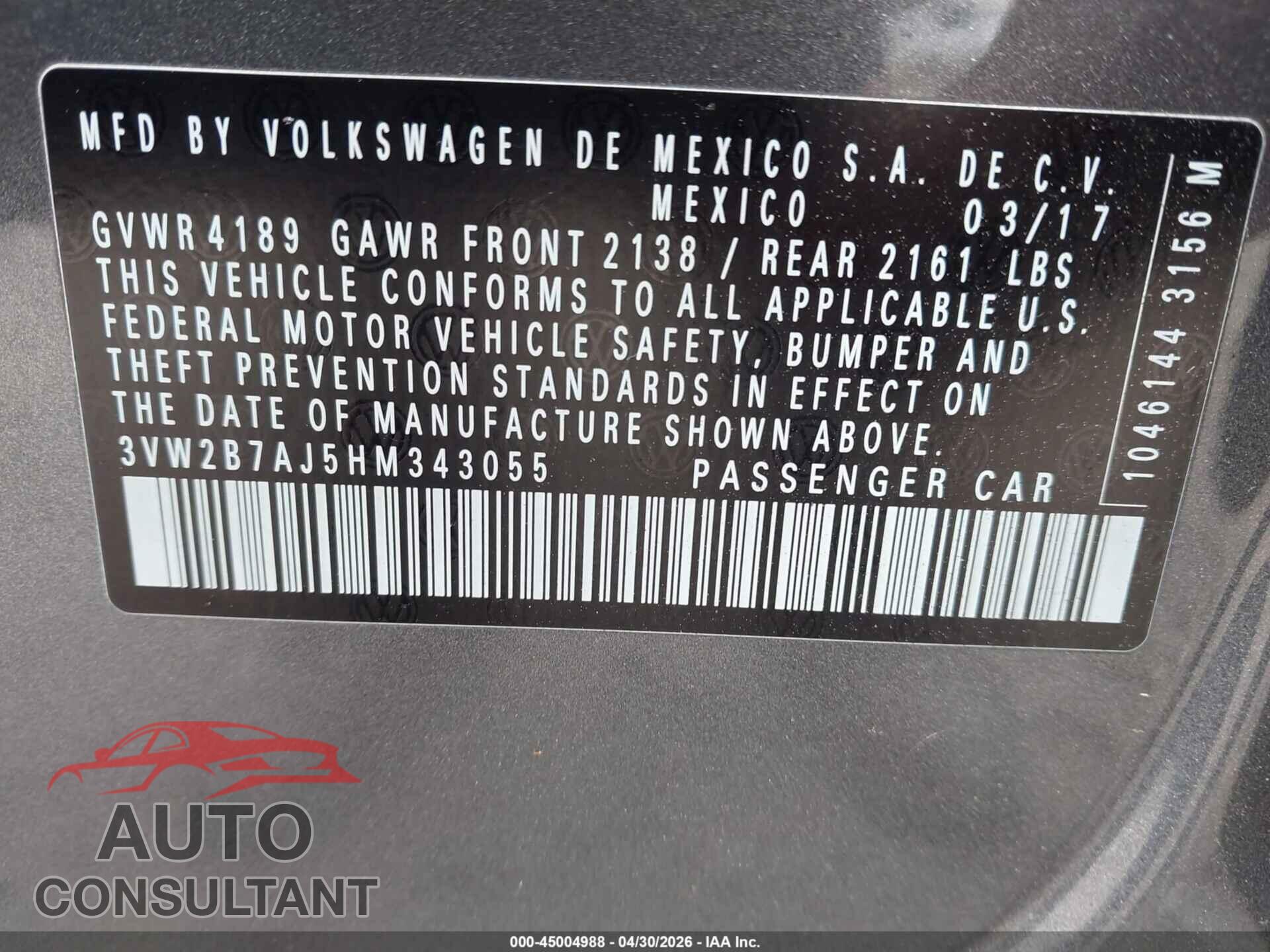 VOLKSWAGEN JETTA 2017 - 3VW2B7AJ5HM343055
