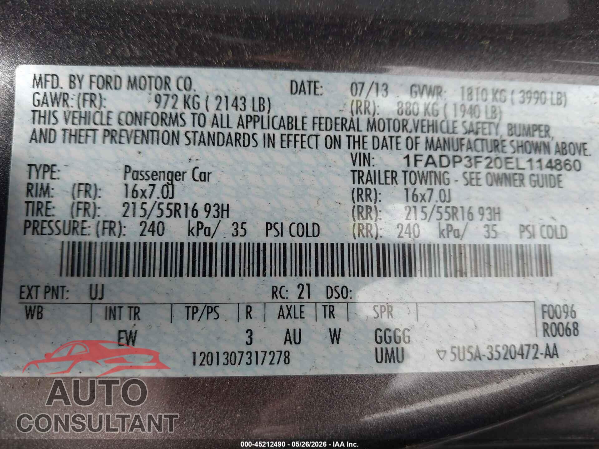 FORD FOCUS 2014 - 1FADP3F20EL114860