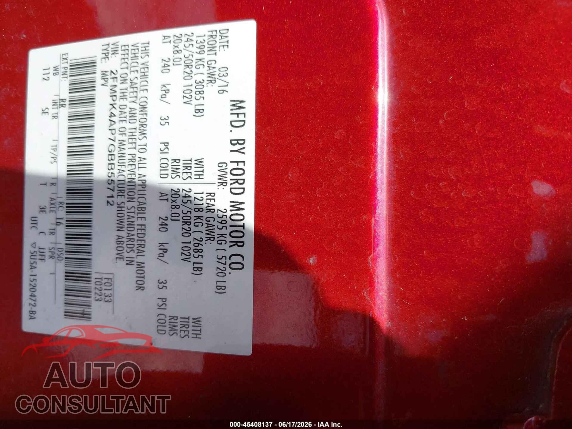 FORD EDGE 2016 - 2FMPK4AP7GBB55712
