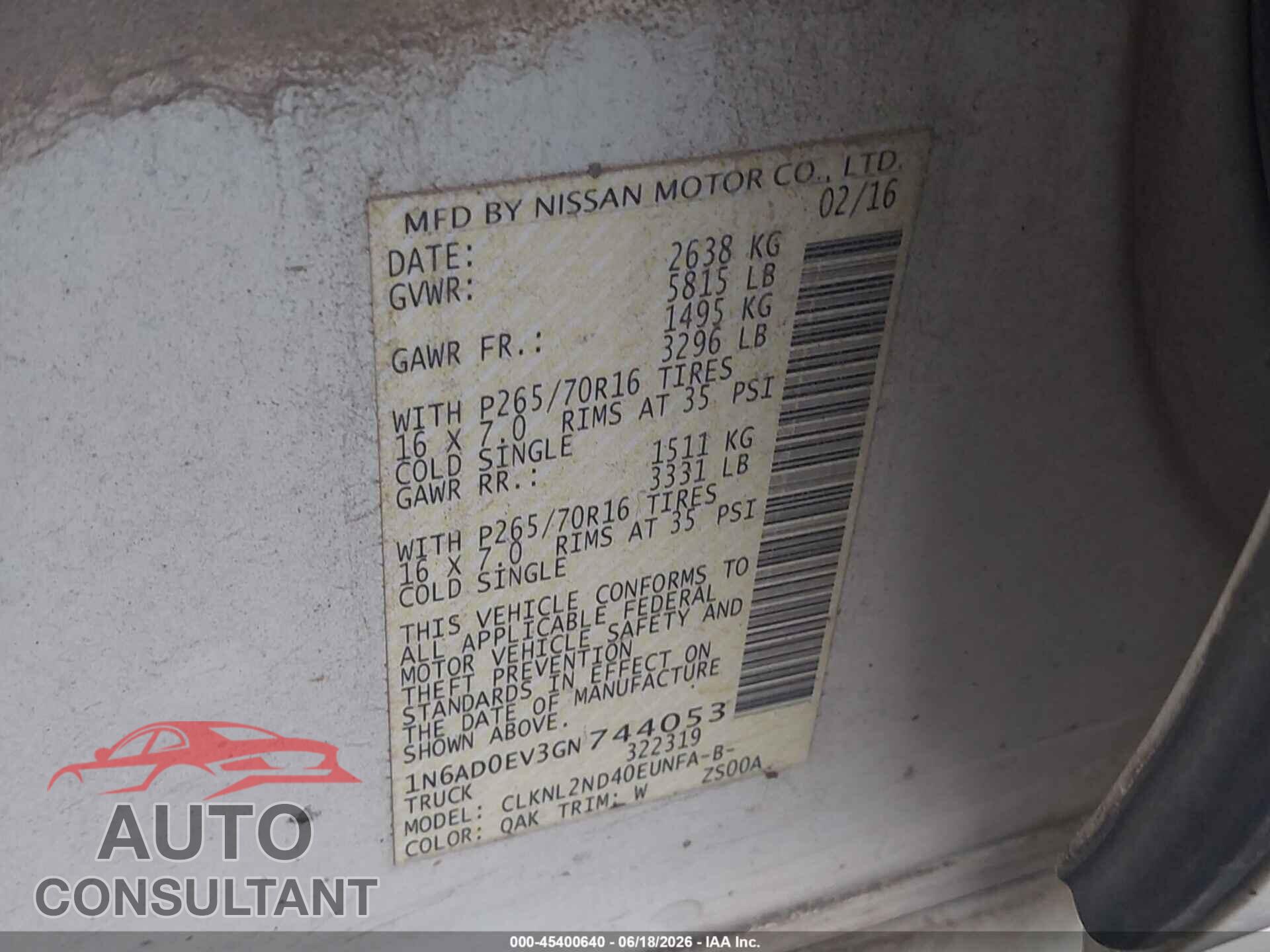 NISSAN FRONTIER 2016 - 1N6AD0EV3GN744053