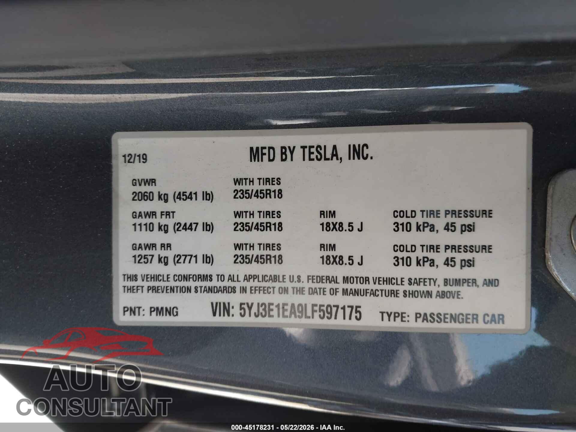 TESLA MODEL 3 2020 - 5YJ3E1EA9LF597175