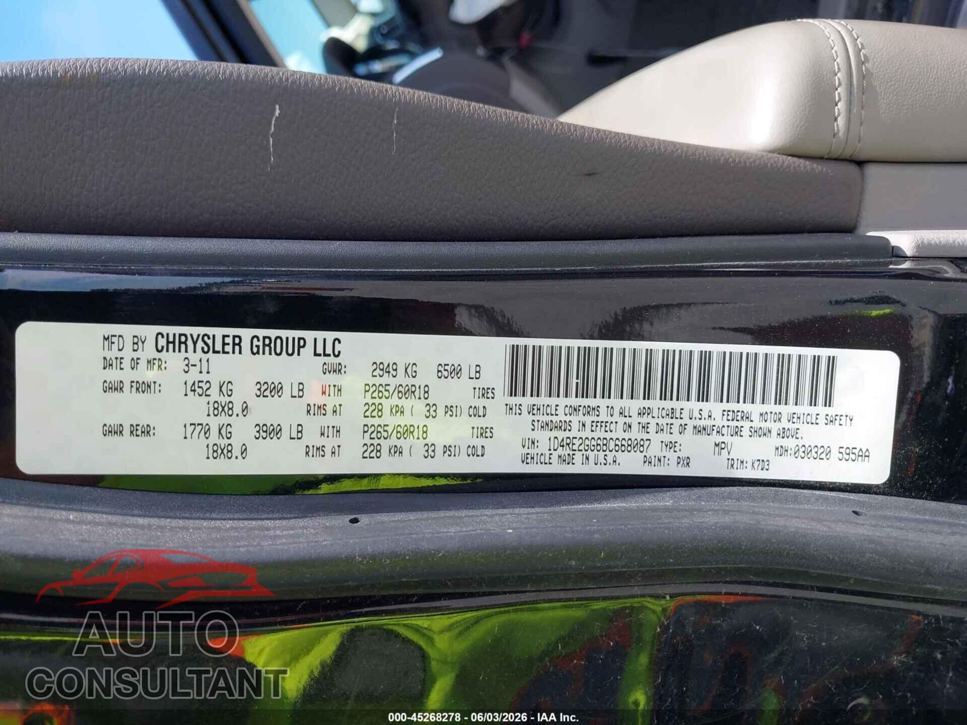 DODGE DURANGO 2011 - 1D4RE2GG6BC668087