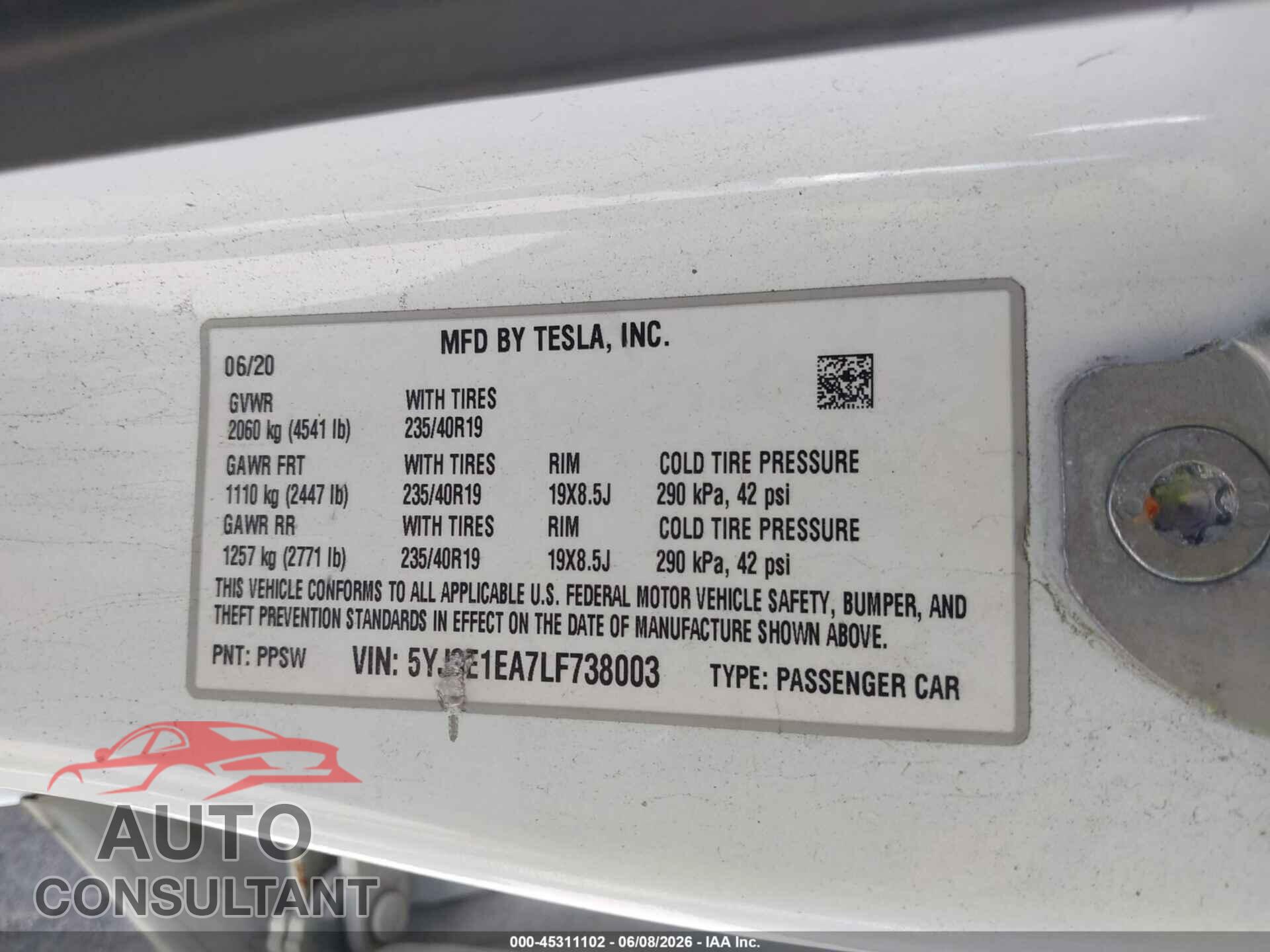 TESLA MODEL 3 2020 - 5YJ3E1EA7LF738003