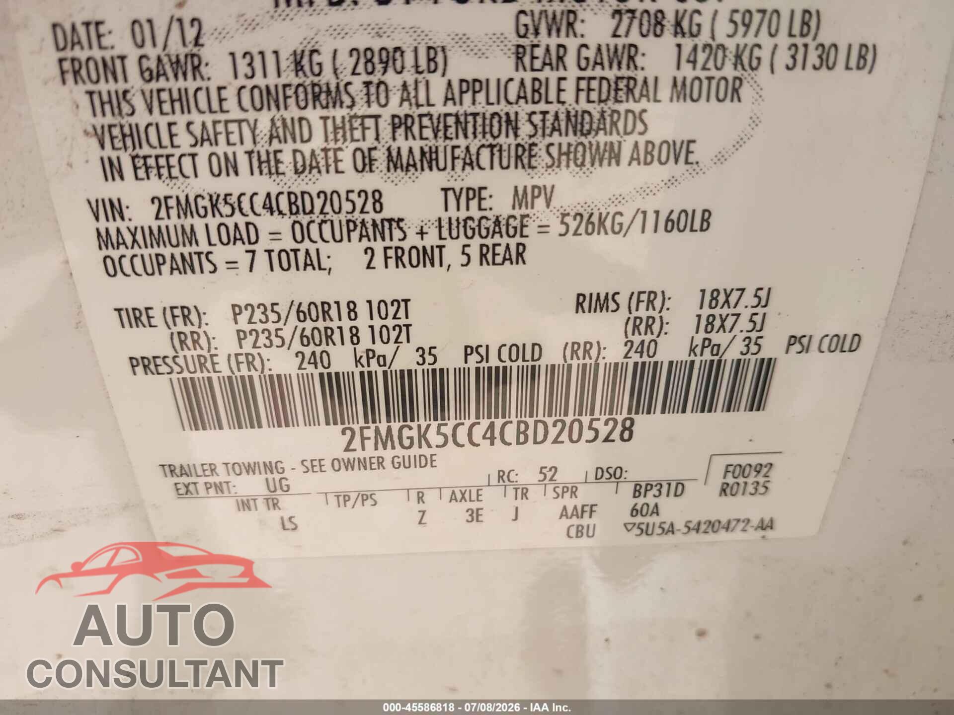 FORD FLEX 2012 - 2FMGK5CC4CBD20528