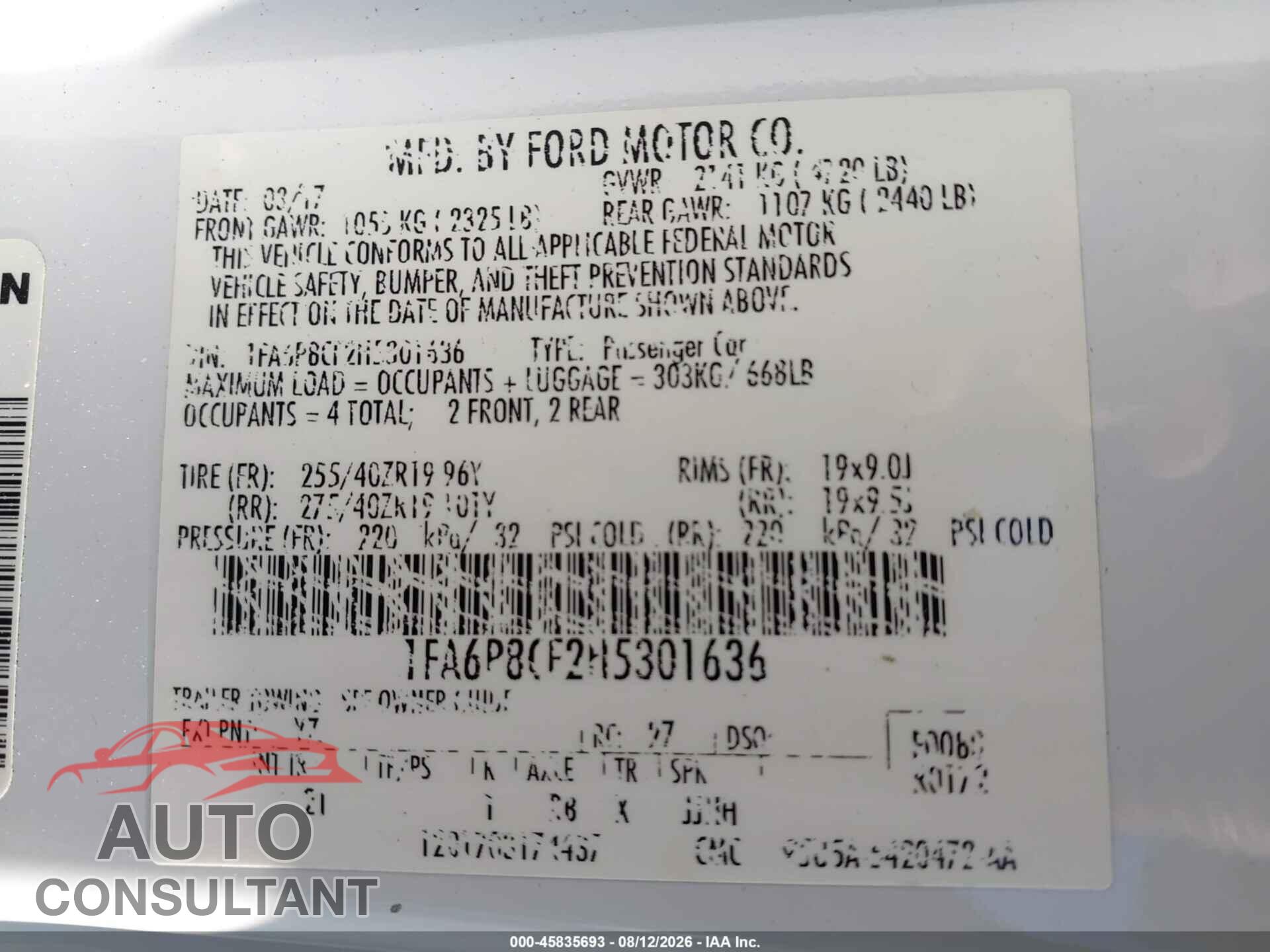 FORD MUSTANG 2017 - 1FA6P8CF2H5301636