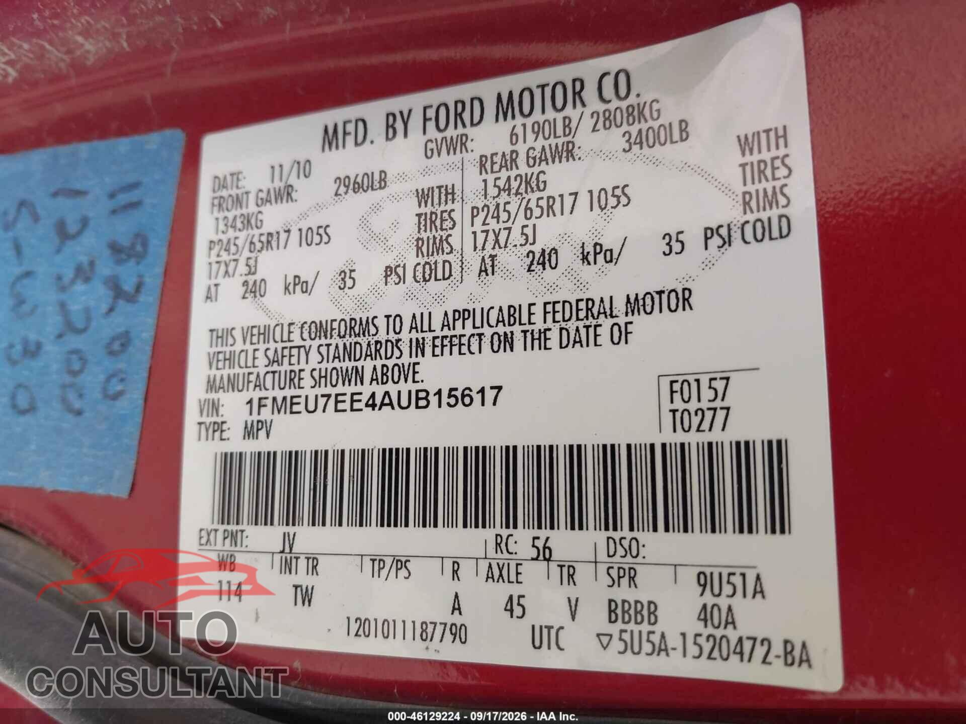 FORD EXPLORER 2010 - 1FMEU7EE4AUB15617