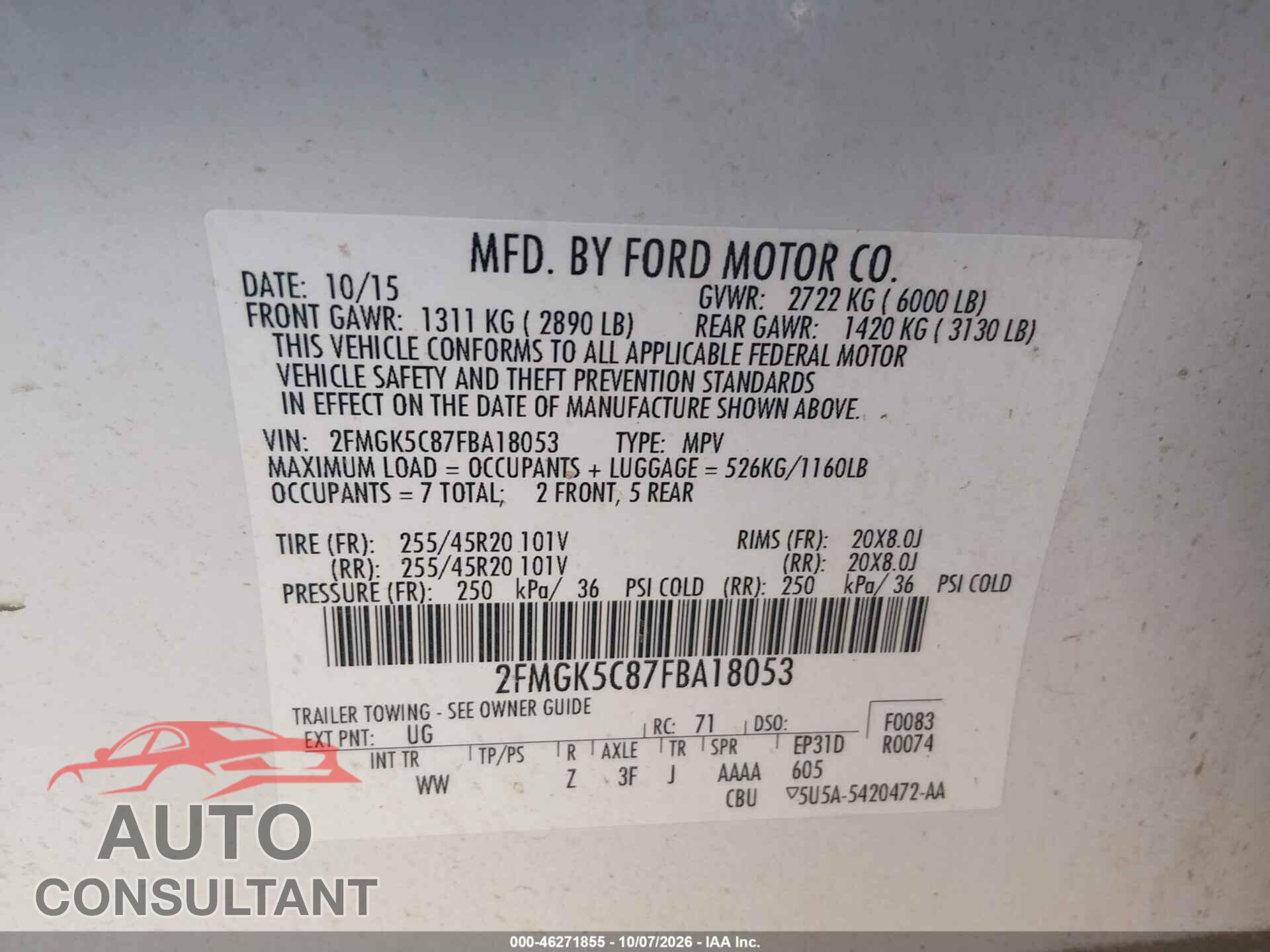 FORD FLEX 2015 - 2FMGK5C87FBA18053