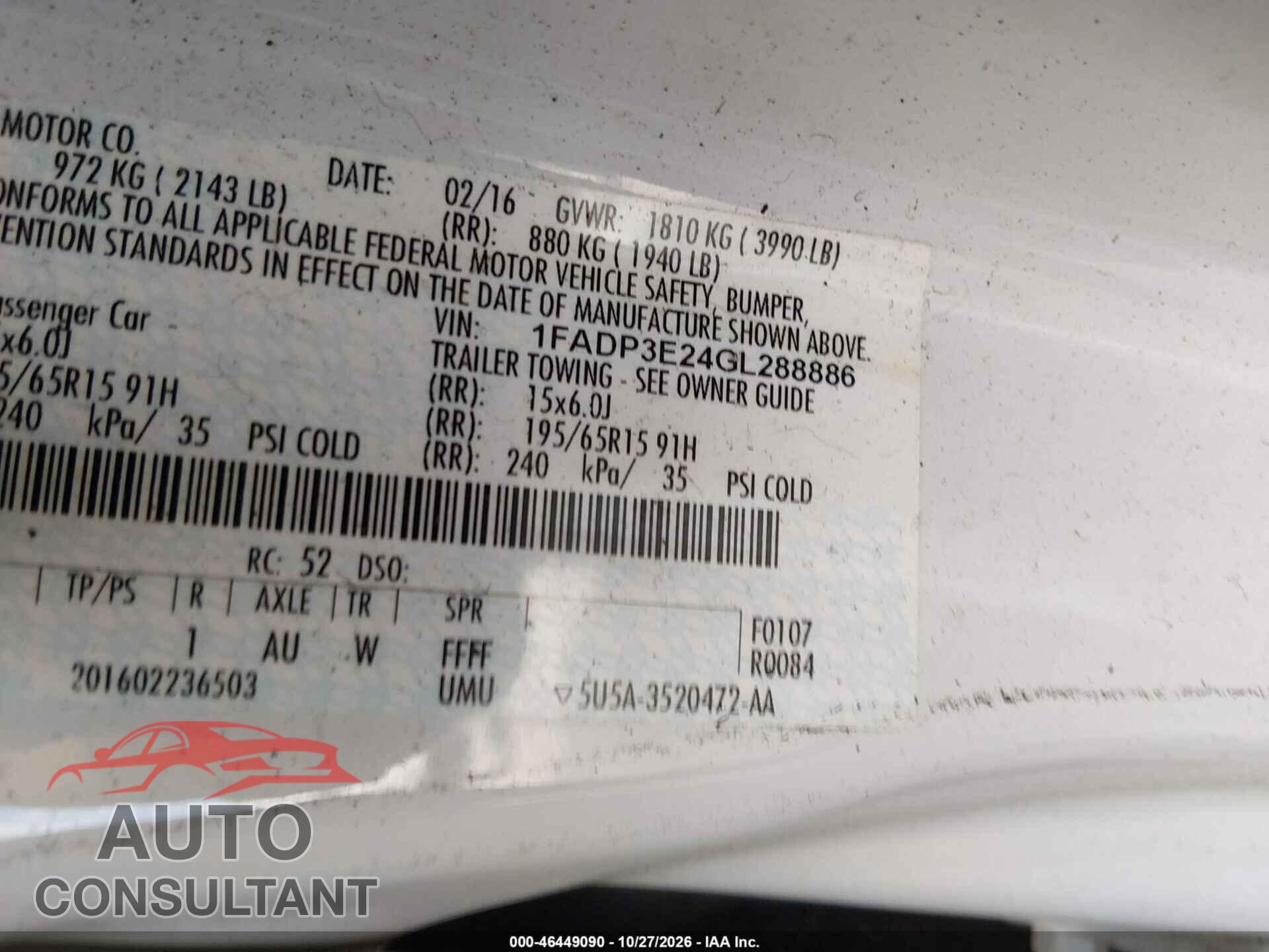 FORD FOCUS 2016 - 1FADP3E24GL288886