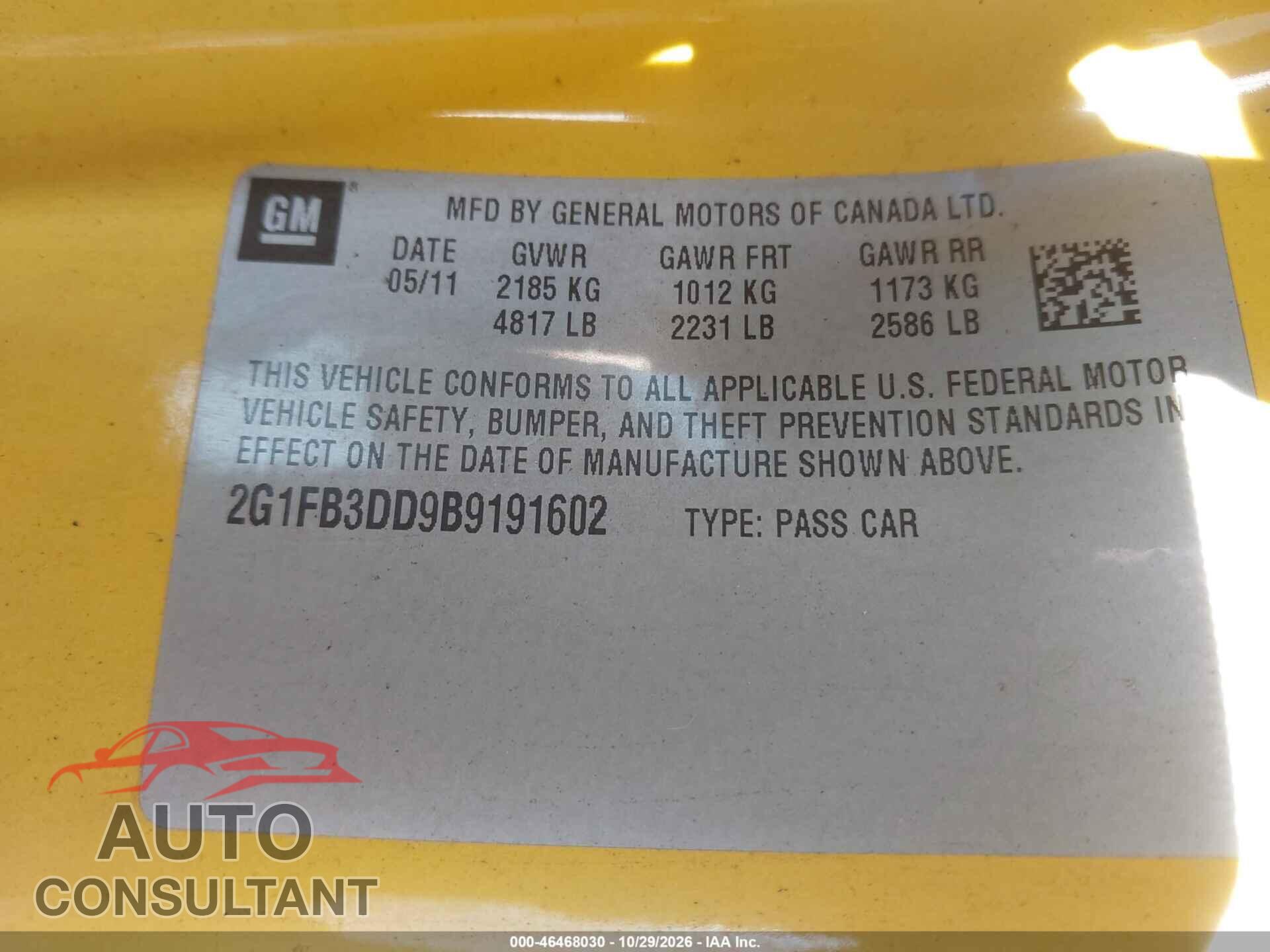 CHEVROLET CAMARO 2011 - 2G1FB3DD9B9191602