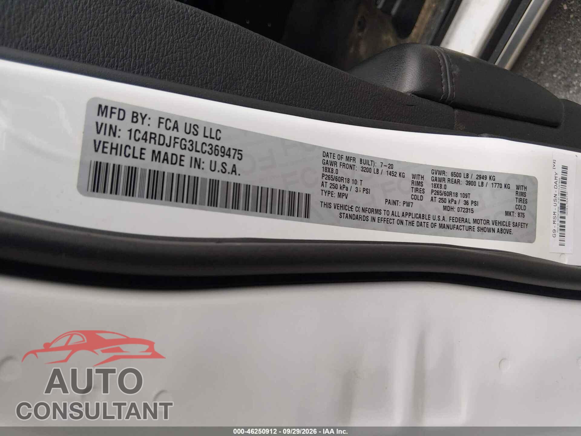 DODGE DURANGO 2020 - 1C4RDJFG3LC369475