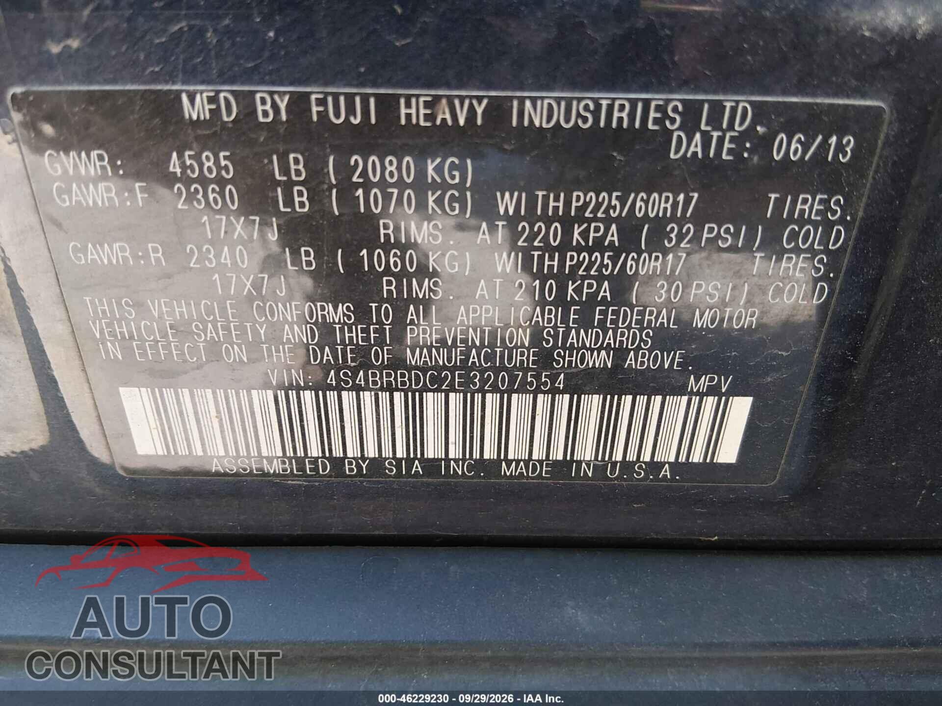 SUBARU OUTBACK 2014 - 4S4BRBDC2E3207554