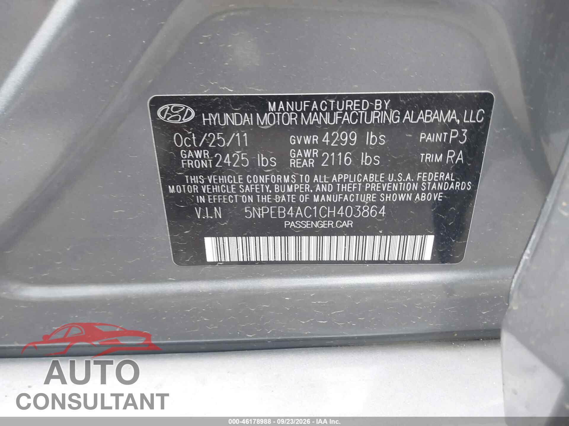 HYUNDAI SONATA 2012 - 5NPEB4AC1CH403864