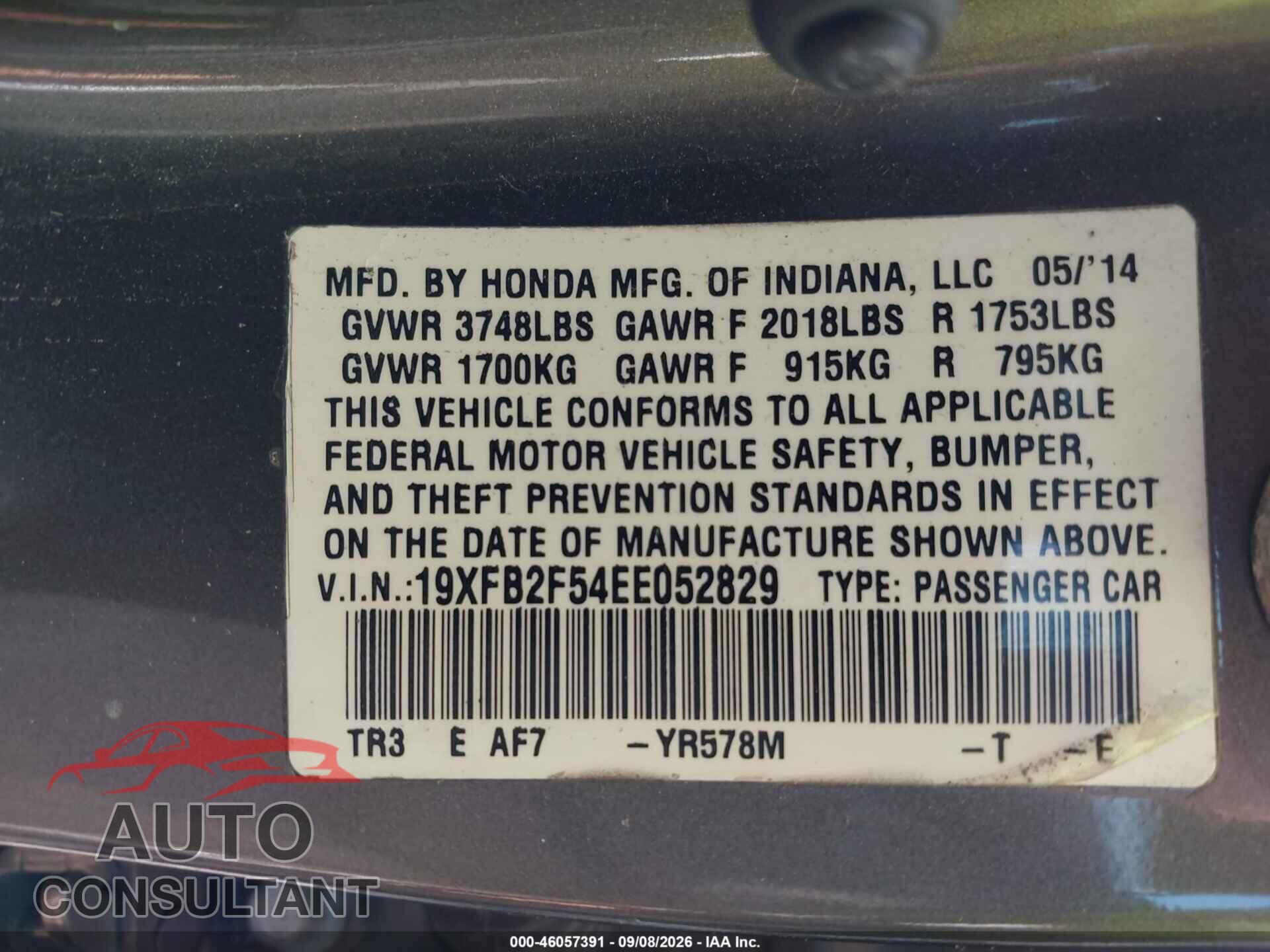 HONDA CIVIC 2014 - 19XFB2F54EE052829