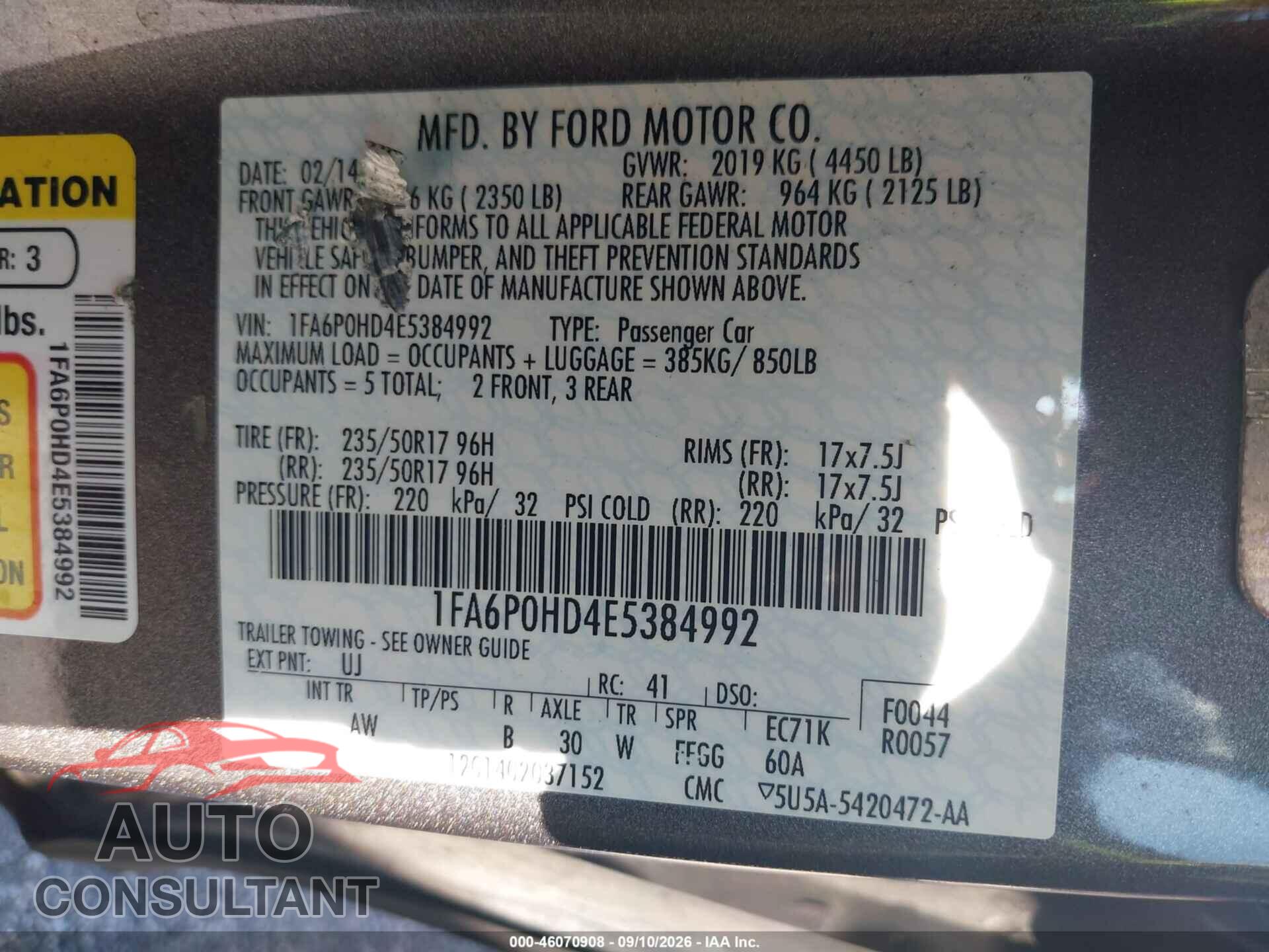 FORD FUSION 2014 - 1FA6P0HD4E5384992