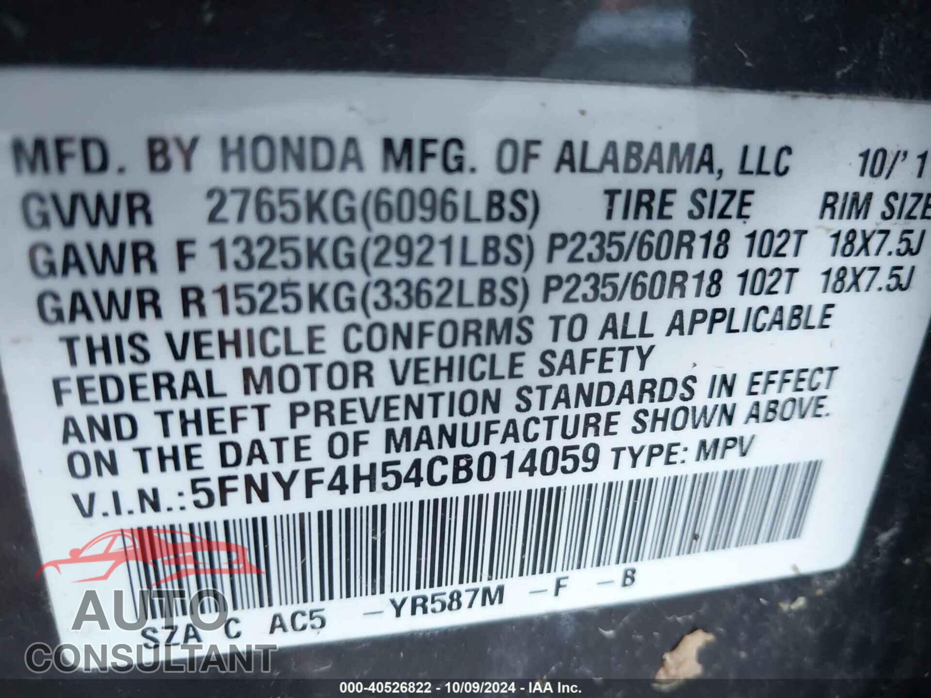 HONDA PILOT 2012 - 5FNYF4H54CB014059