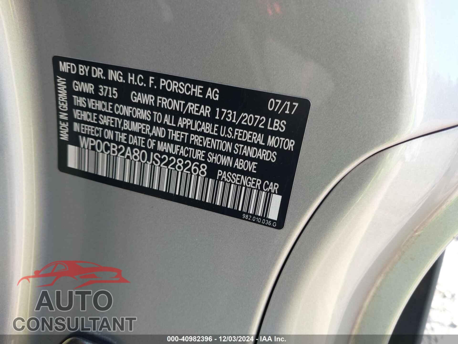 PORSCHE 718 BOXSTER 2018 - WP0CB2A80JS228268