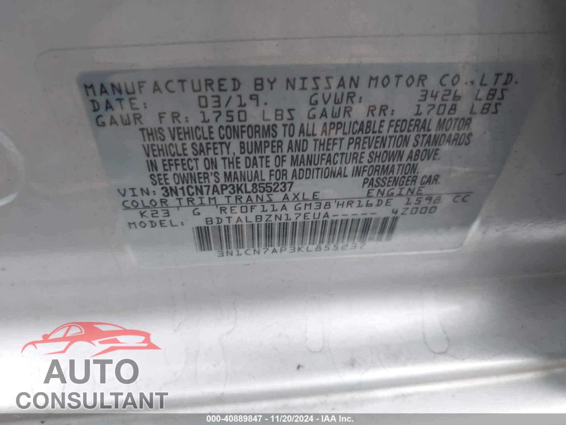 NISSAN VERSA 2019 - 3N1CN7AP3KL855237