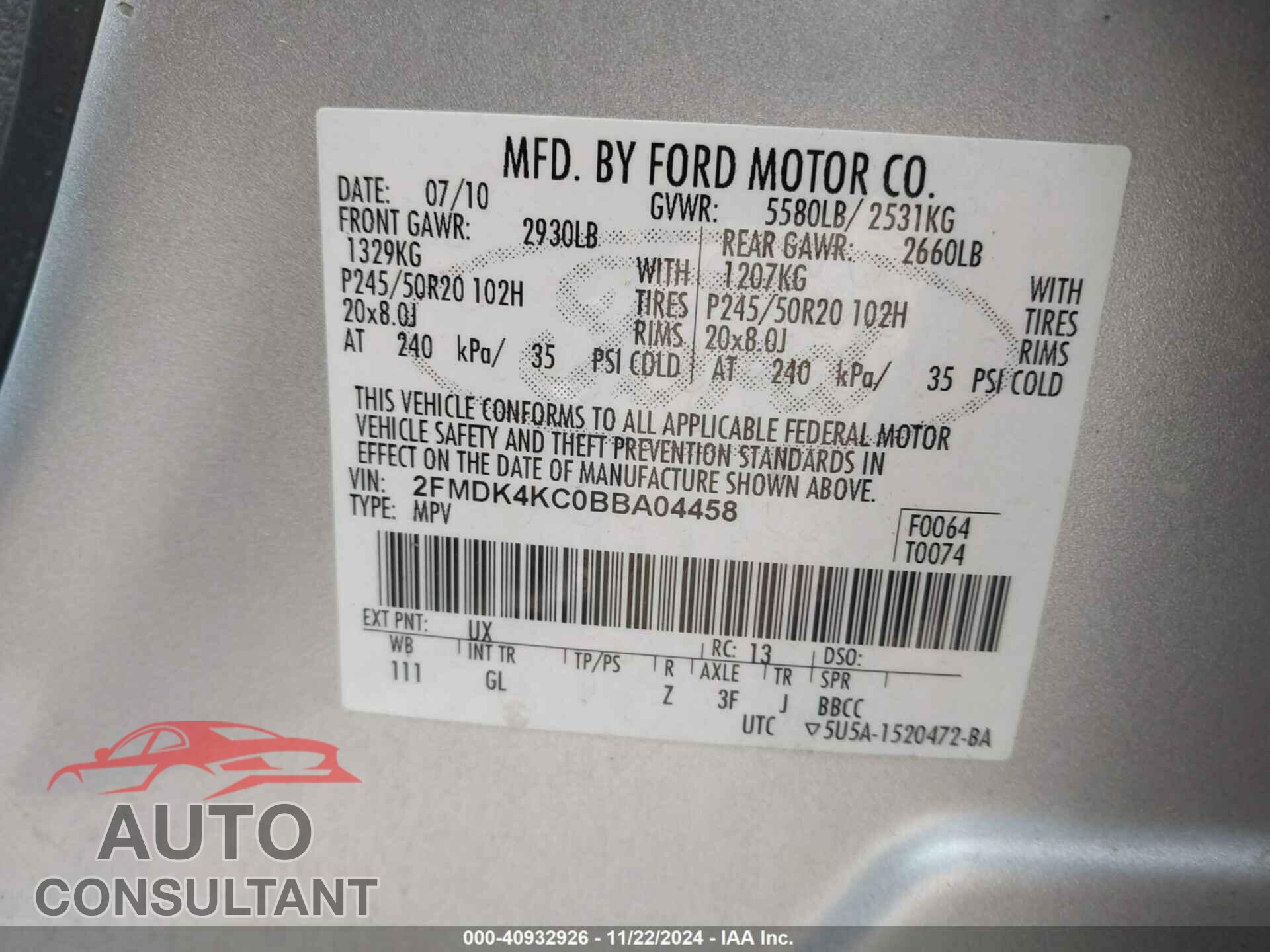 FORD EDGE 2011 - 2FMDK4KC0BBA04458