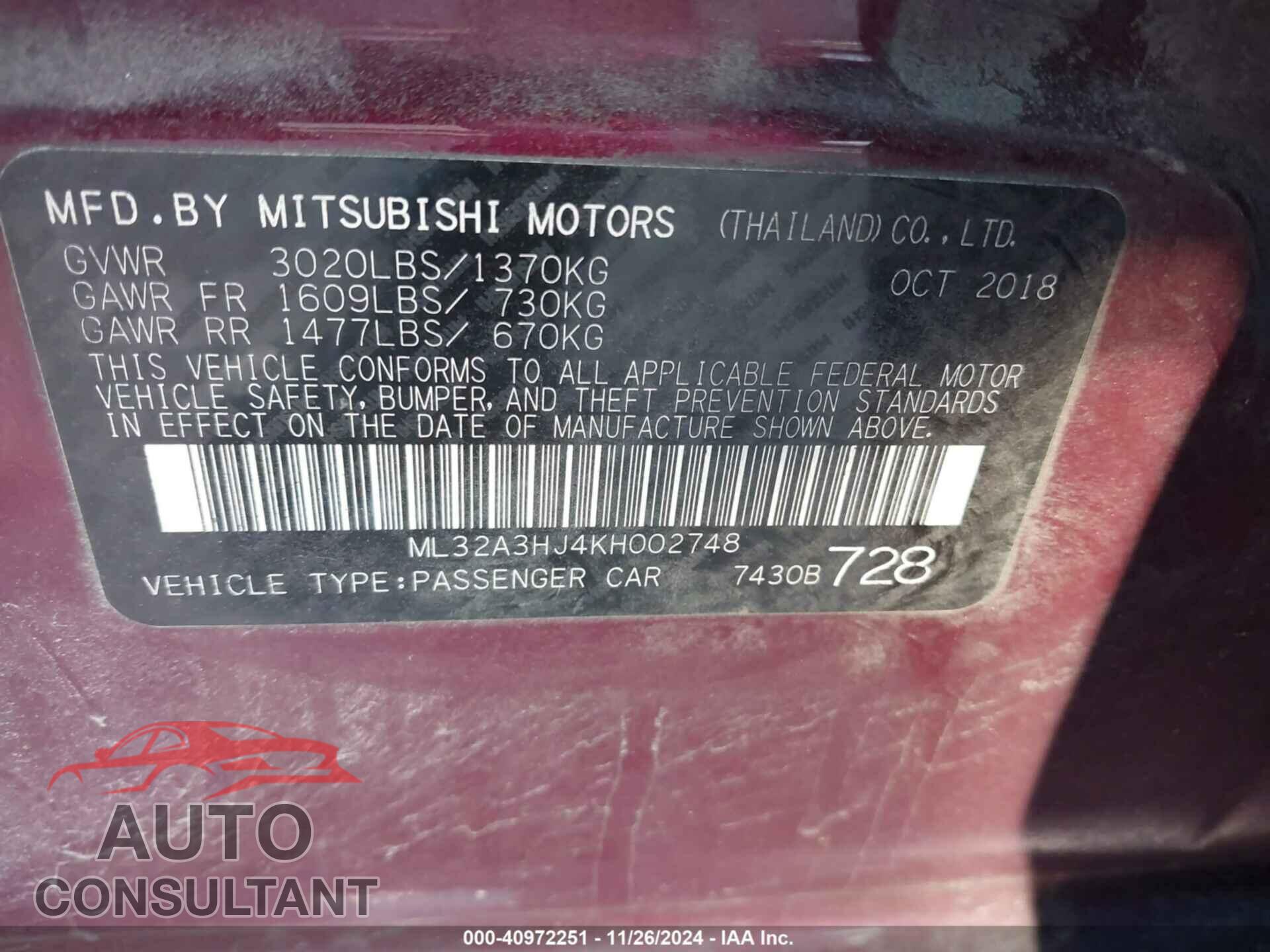 MITSUBISHI MIRAGE 2019 - ML32A3HJ4KH002748
