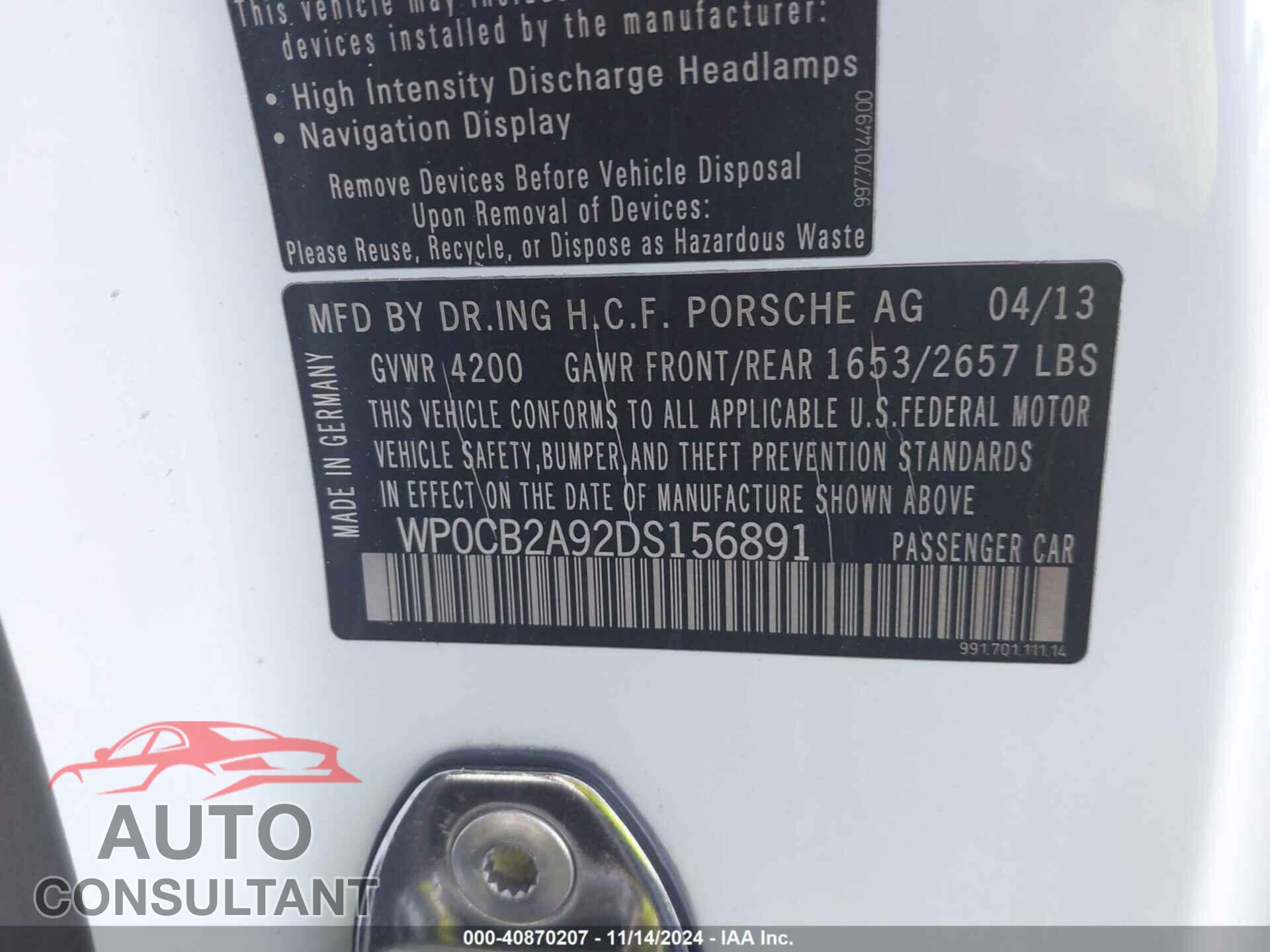 PORSCHE 911 2013 - WP0CB2A92DS156891