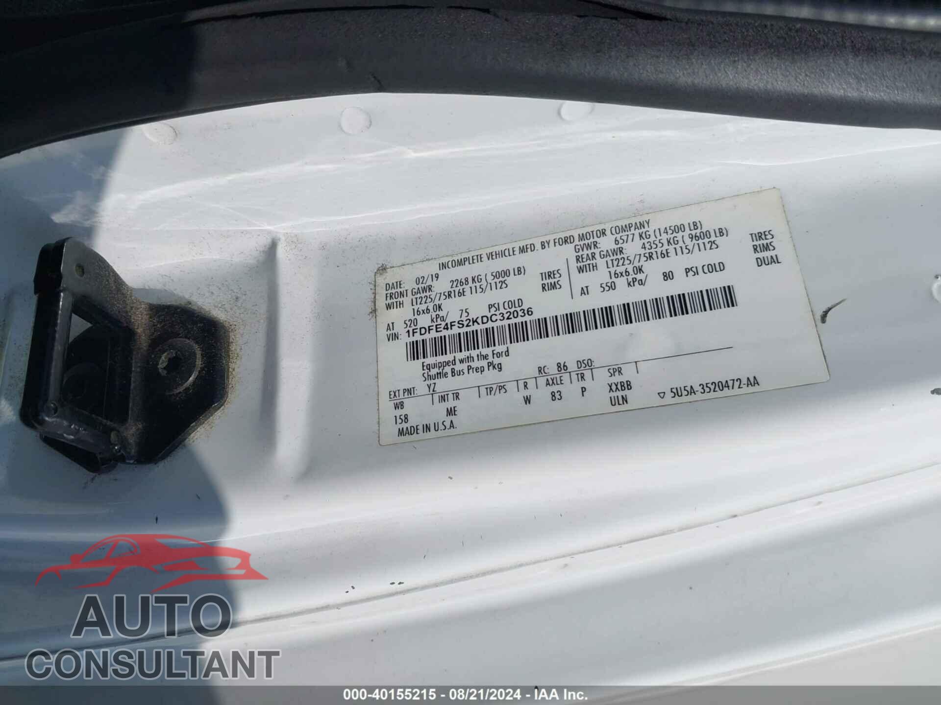 FORD E-450 CUTAWAY 2019 - 1FDFE4FS2KDC32036