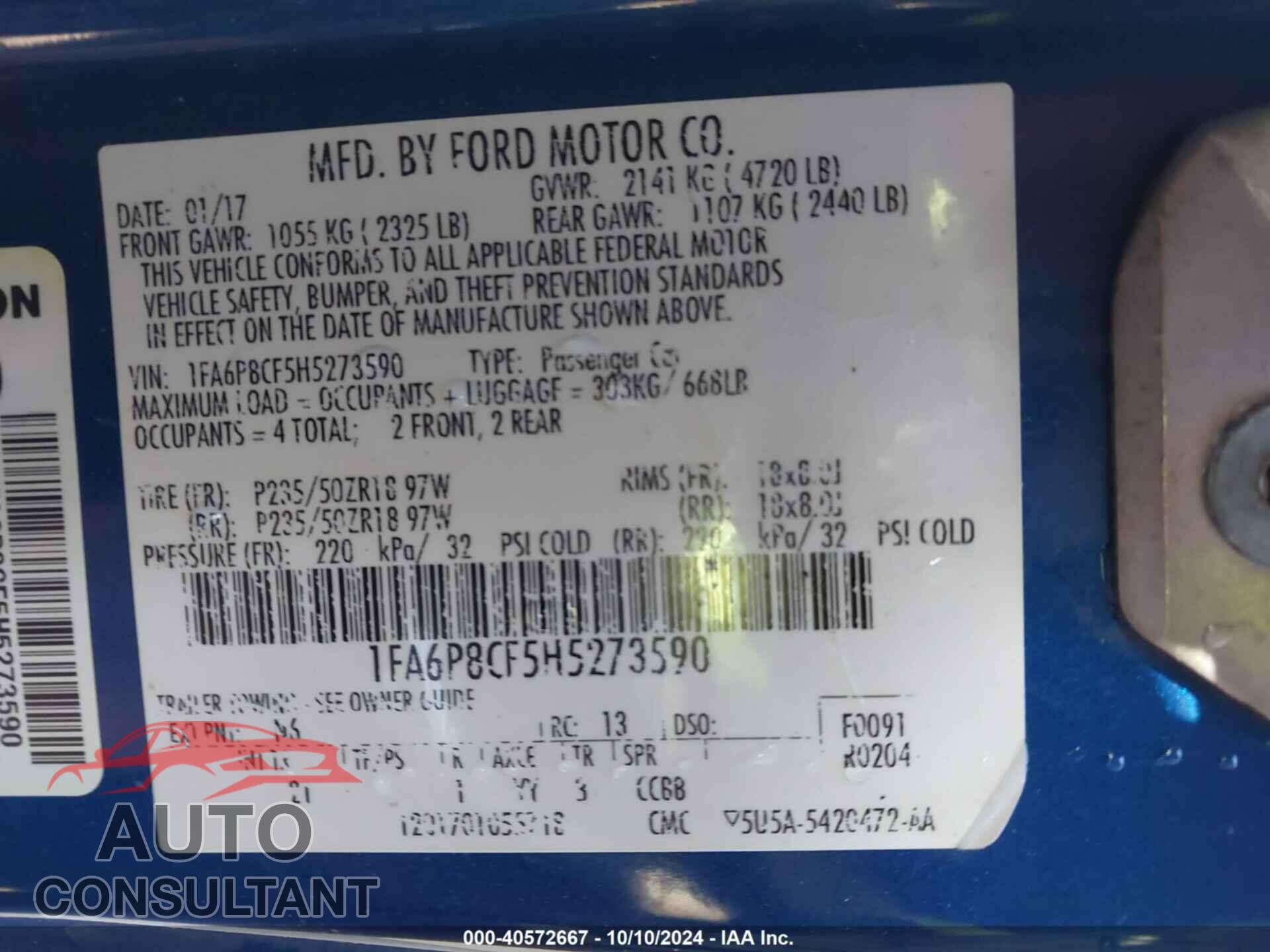 FORD MUSTANG 2017 - 1FA6P8CF5H5273590