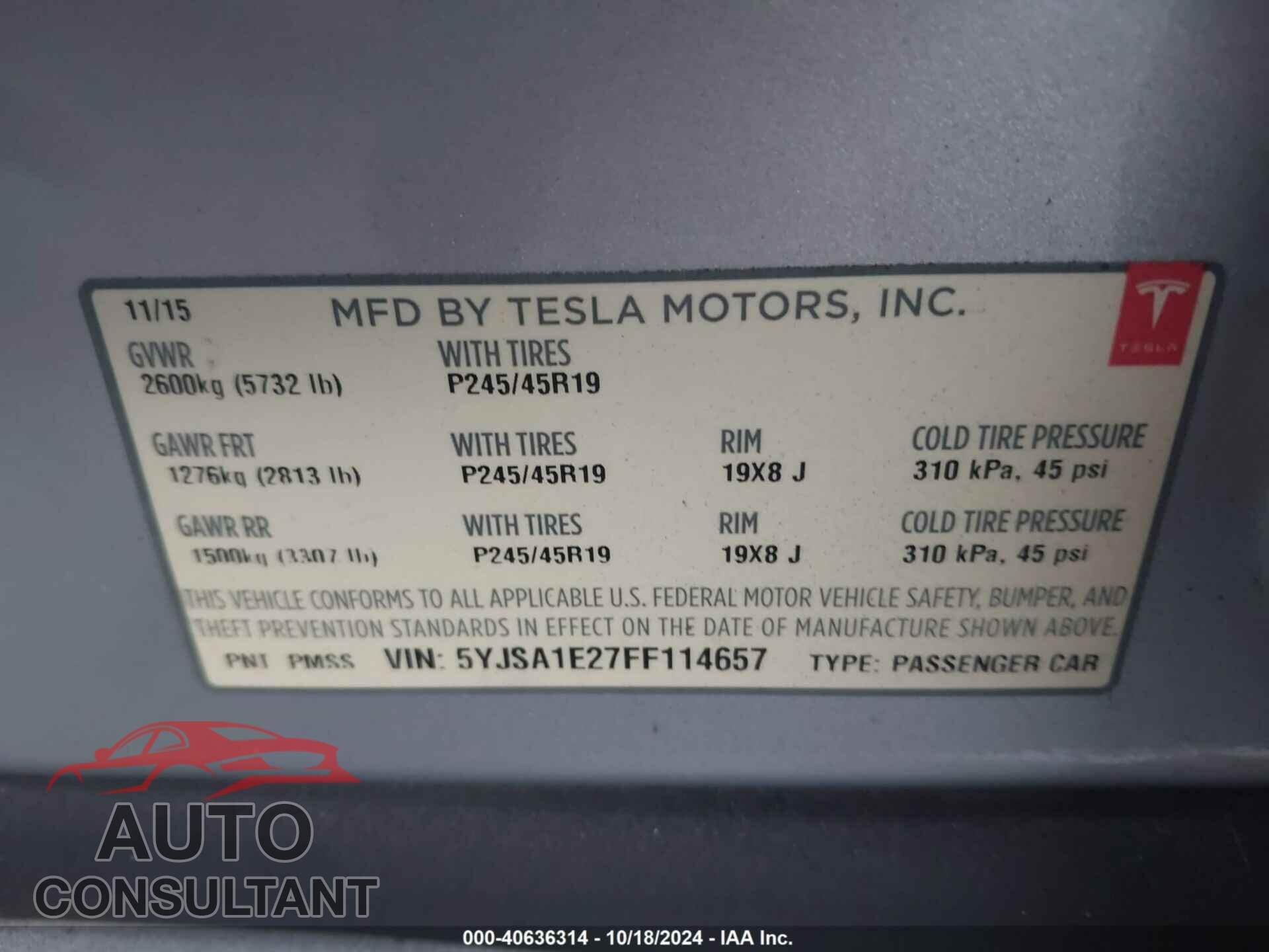TESLA MODEL S 2015 - 5YJSA1E27FF114657