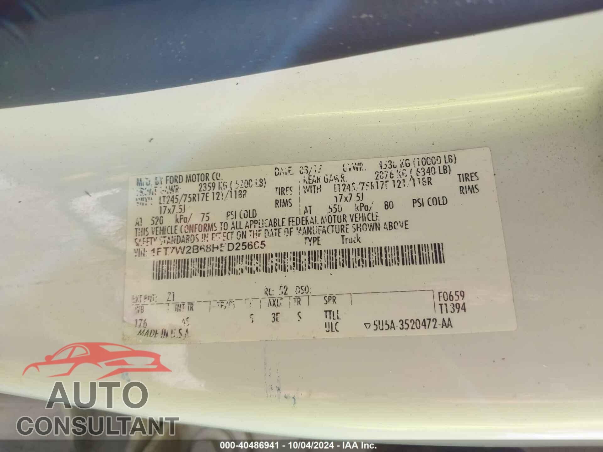 FORD F250 2017 - 1FT7W2B68HED25665