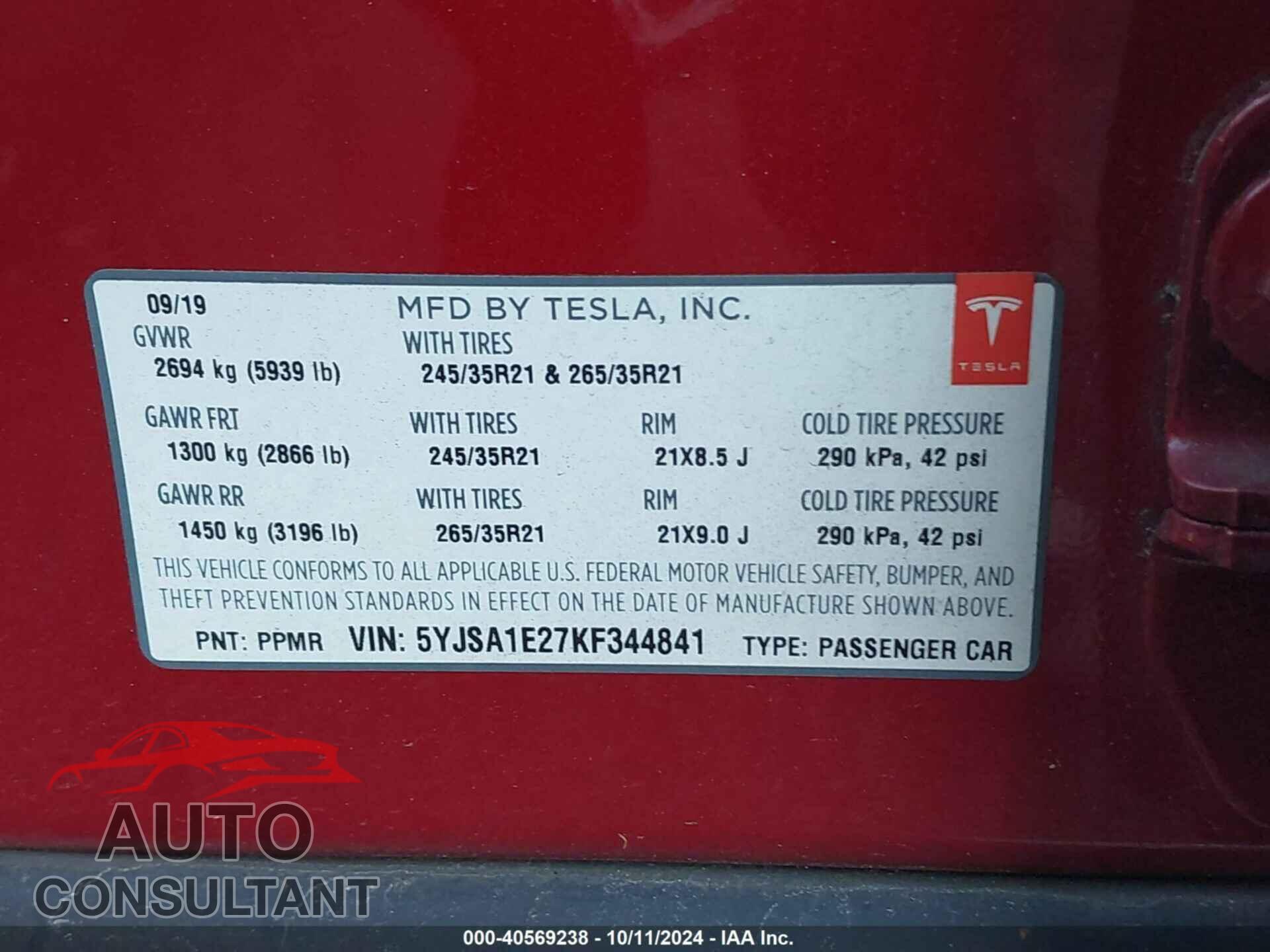TESLA MODEL S 2019 - 5YJSA1E27KF344841