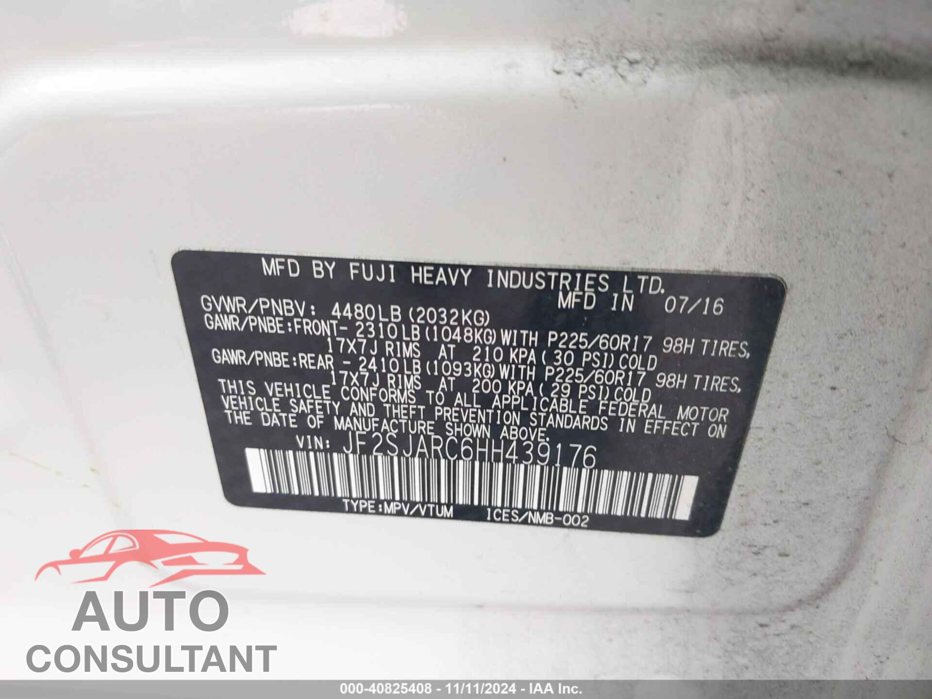 SUBARU FORESTER 2017 - JF2SJARC6HH439176