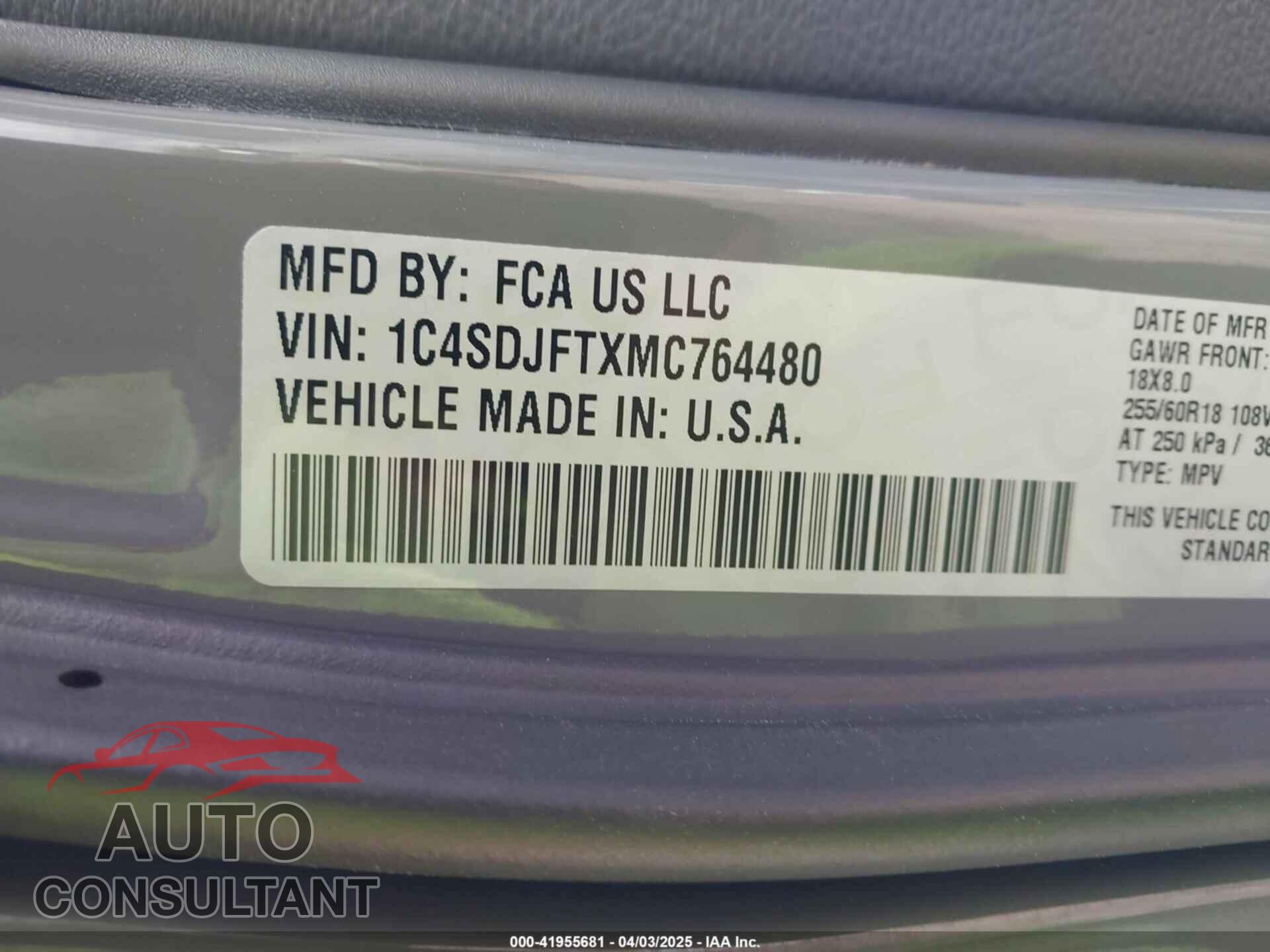 DODGE DURANGO 2021 - 1C4SDJFTXMC764480